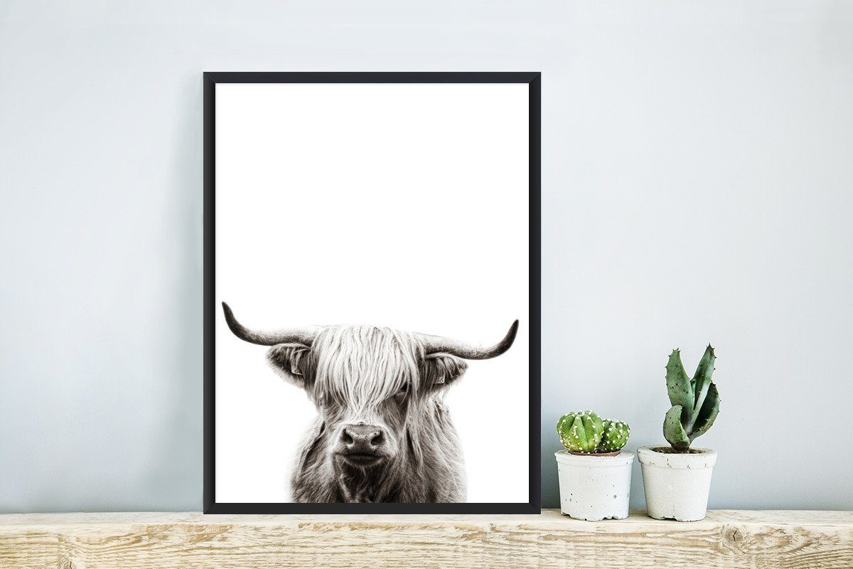Bilder, Poster, Bilderrahmen Wanddeko, Gerahmtes Schottischer - Poster Kuh, St), (1 Wandposter, Weiß Schwarzem - MuchoWow Highlander