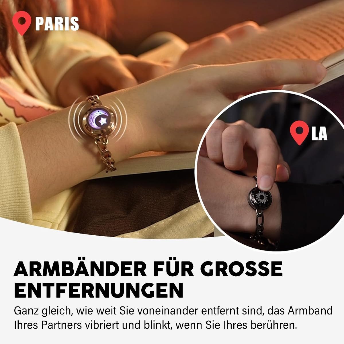 MOPUEA Bettelarmband Intelligentes Sensorarmband Armband Interaktives smart Paararmbänder (Bluetooth-Verbindung mit Vibration und Lichtsignal), Romantisches Design mit Sonnen- und Mondmotiv
