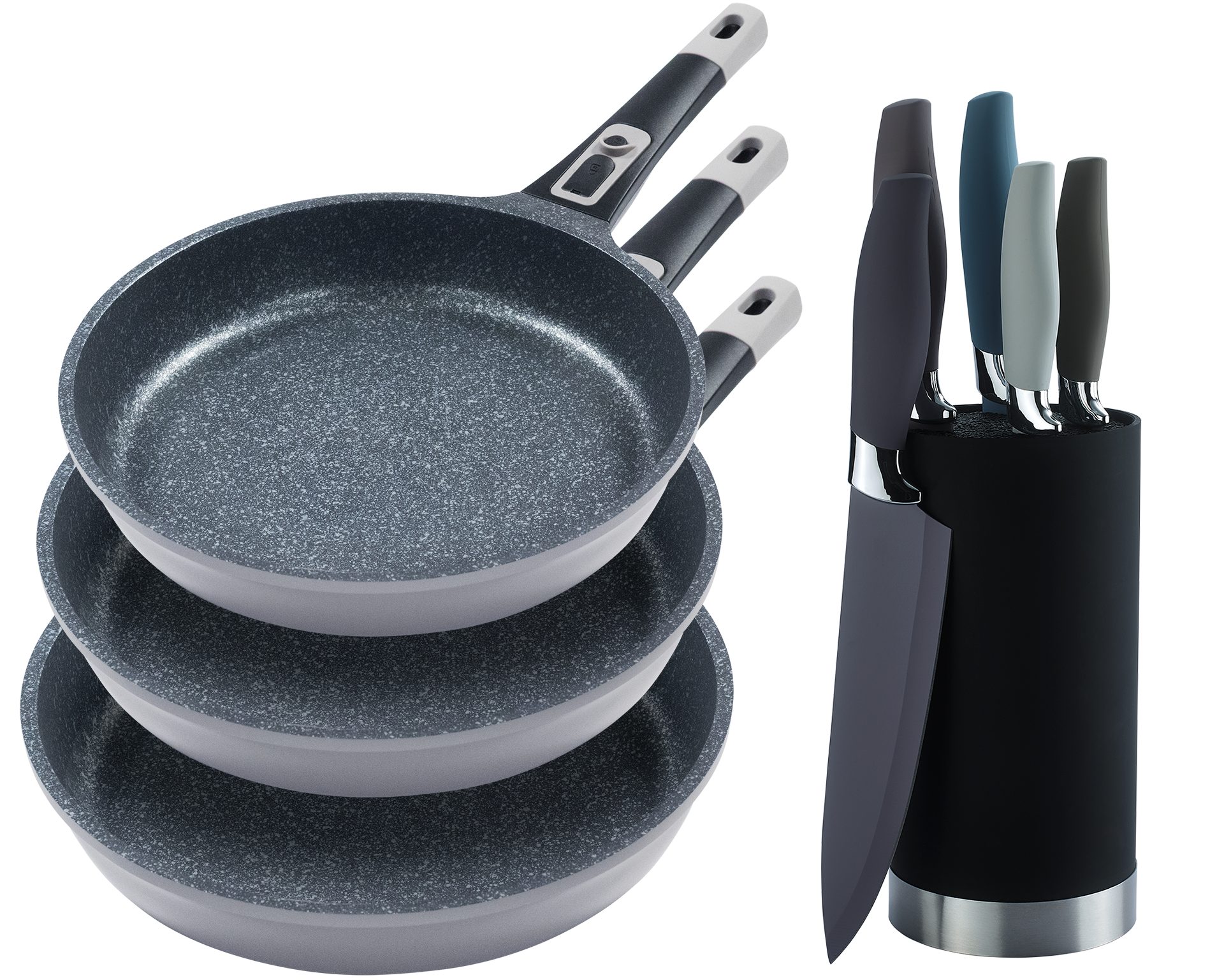 KING Pfannen-Set »Moonscape 3er«, inkl. Messer-Set, Aluminiumguss (Set, 9-tlg., 3 Pfannen, 5 Küchenmesser, 1 Messerblock), Induktion, abnehmbarer Griff, MOONSCAPE-Beschichtung