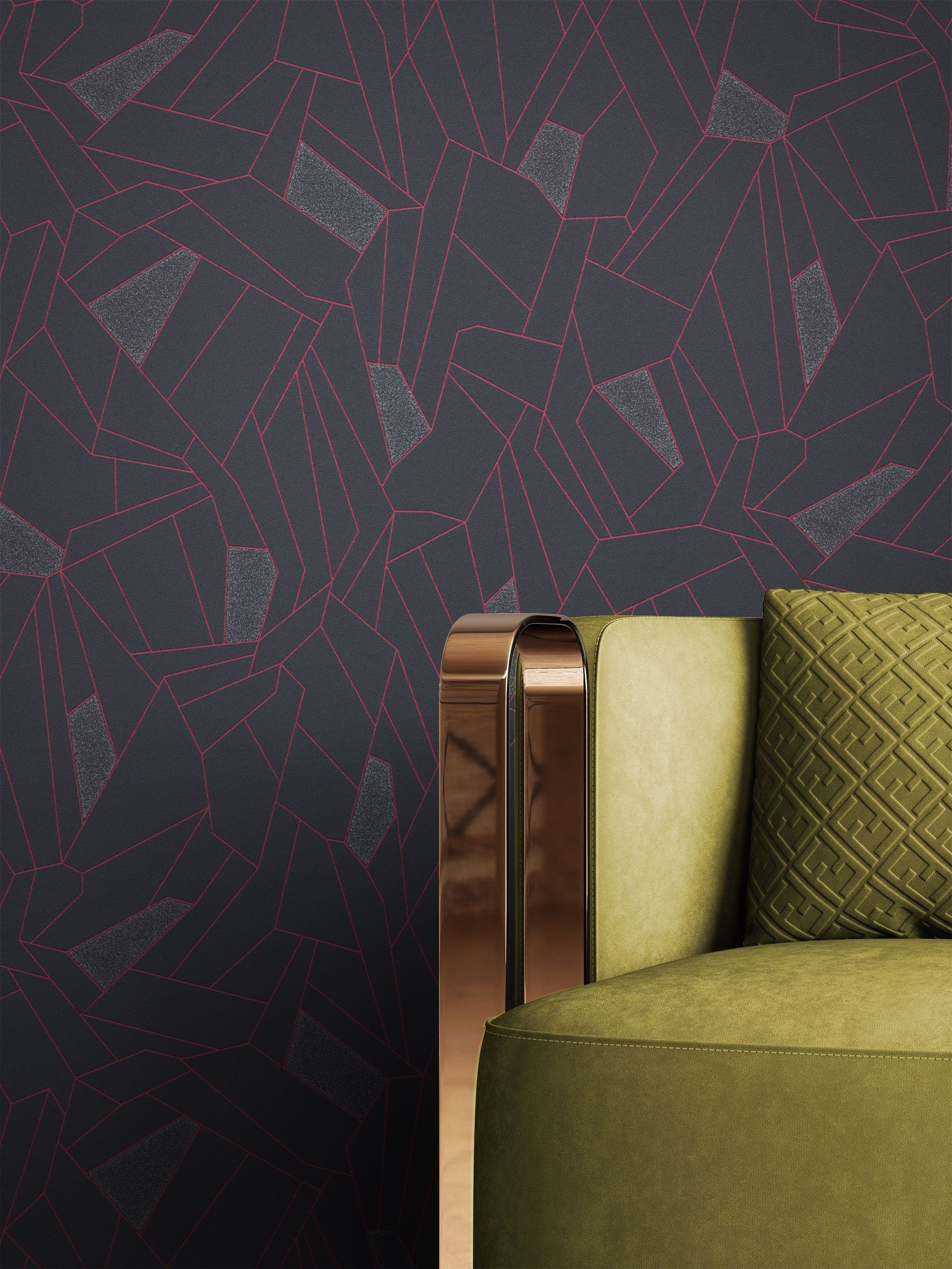 Newroom Vliestapete, Schwarz Tapete Grafisch Leicht Glänzend - Mustertapete Anthrazit Rot Geometrisch Modern Grafik Linien für Wohnzimmer Schlafzimmer Küche
