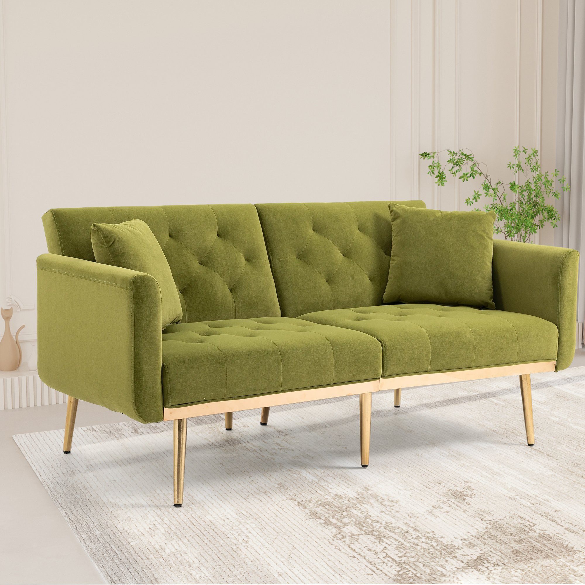 Merax 2-Sitzer mit komfortablem Federkern und Armlehnen, mit Metallfüße, Sofa mit Schlaffunktion, Schlafcouch, Samt, Breite:162cm