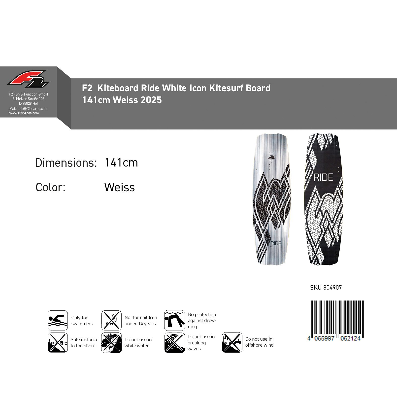 F2 Kiteboard F2 Kiteboard Ride White Icon Kitesurf Board 141cm Weiss 2025
