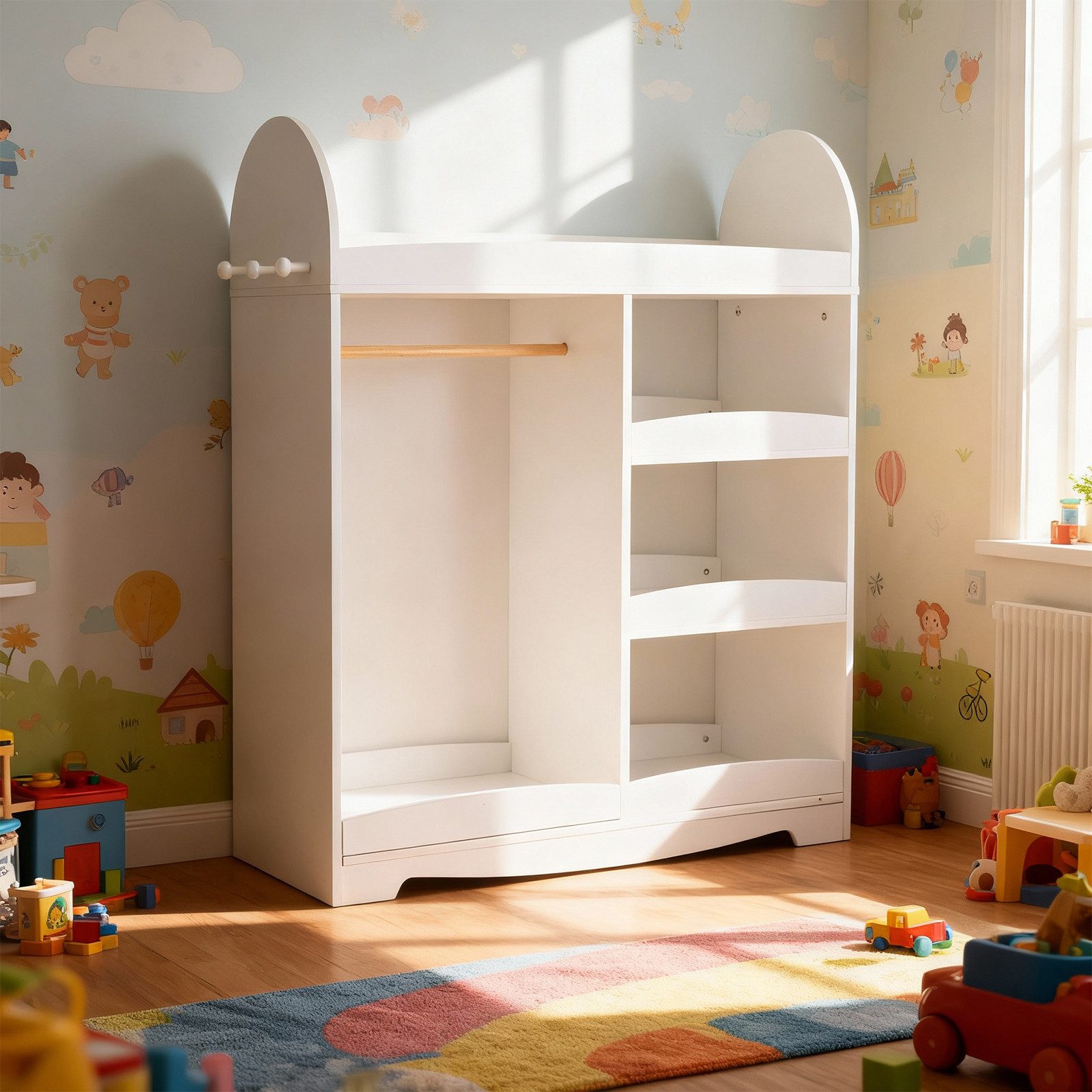 FANNOU Kinderkleiderschrank 89 x 35 x 110 cm (HxWxD), MDF, Spanplatte lackiert und furniert, 3-stöckiges Regal, 1 Kleiderstange
