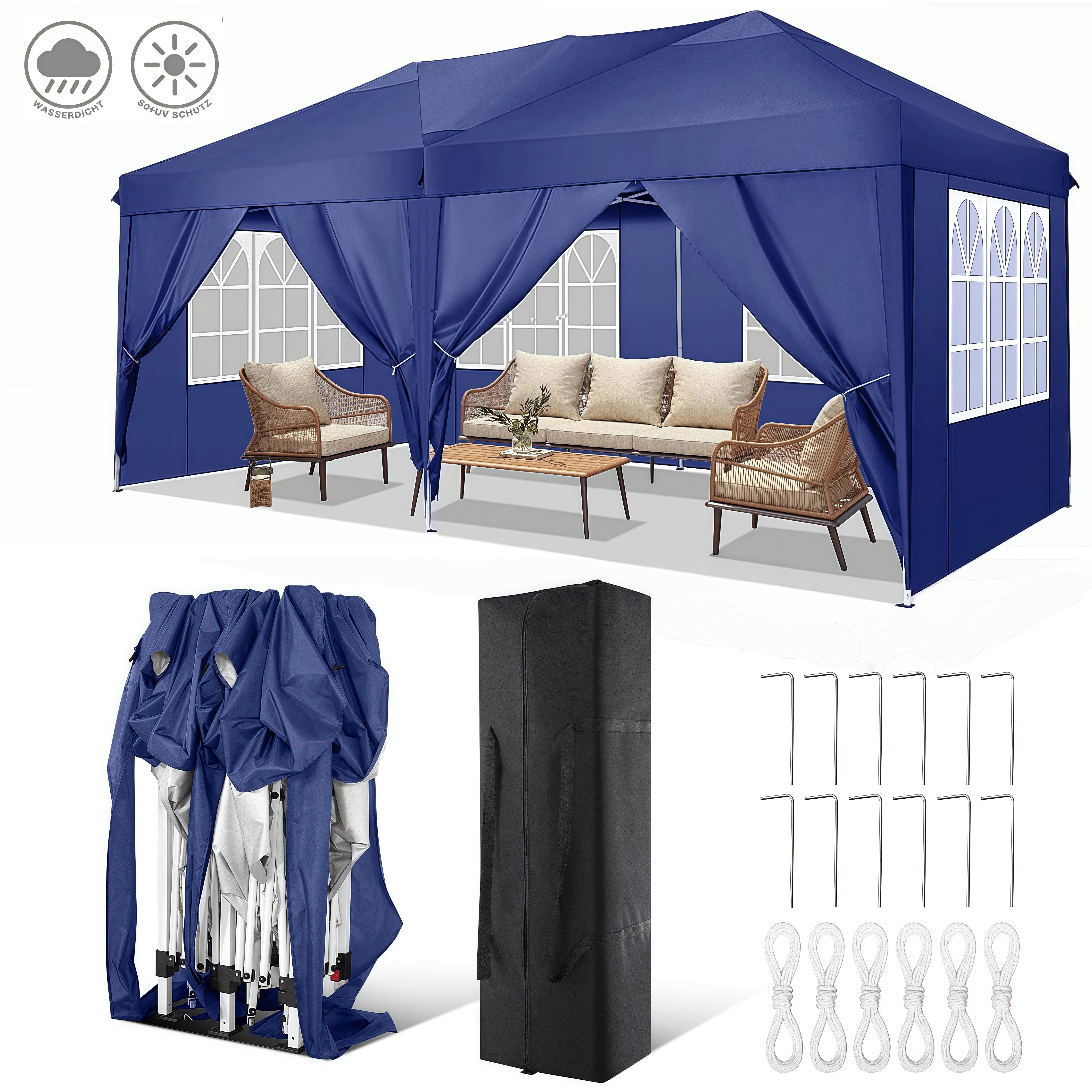 Tooluck Faltpavillon 3x6m Festzelt Wasserdicht UV-Schutz für Garten Terrasse Feier Party, mit 4 Seitenteilen, mit 4 Seitenteilen 2 Eingängen 12 Heringe 4 Seile 1 Tragetasche
