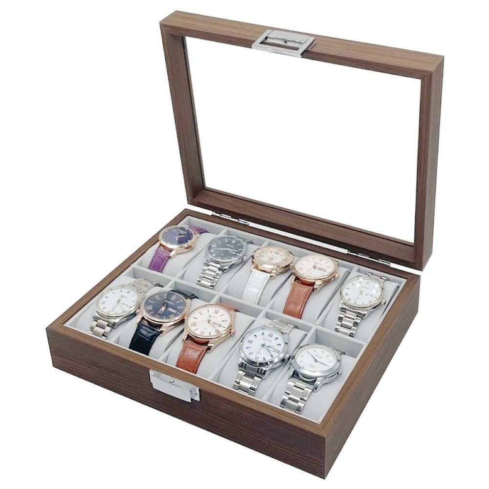 mixed24 Schmuckkasten Holz Uhrenkoffer für 10 Uhren, Glasdeckel Uhrendispla günstig online kaufen