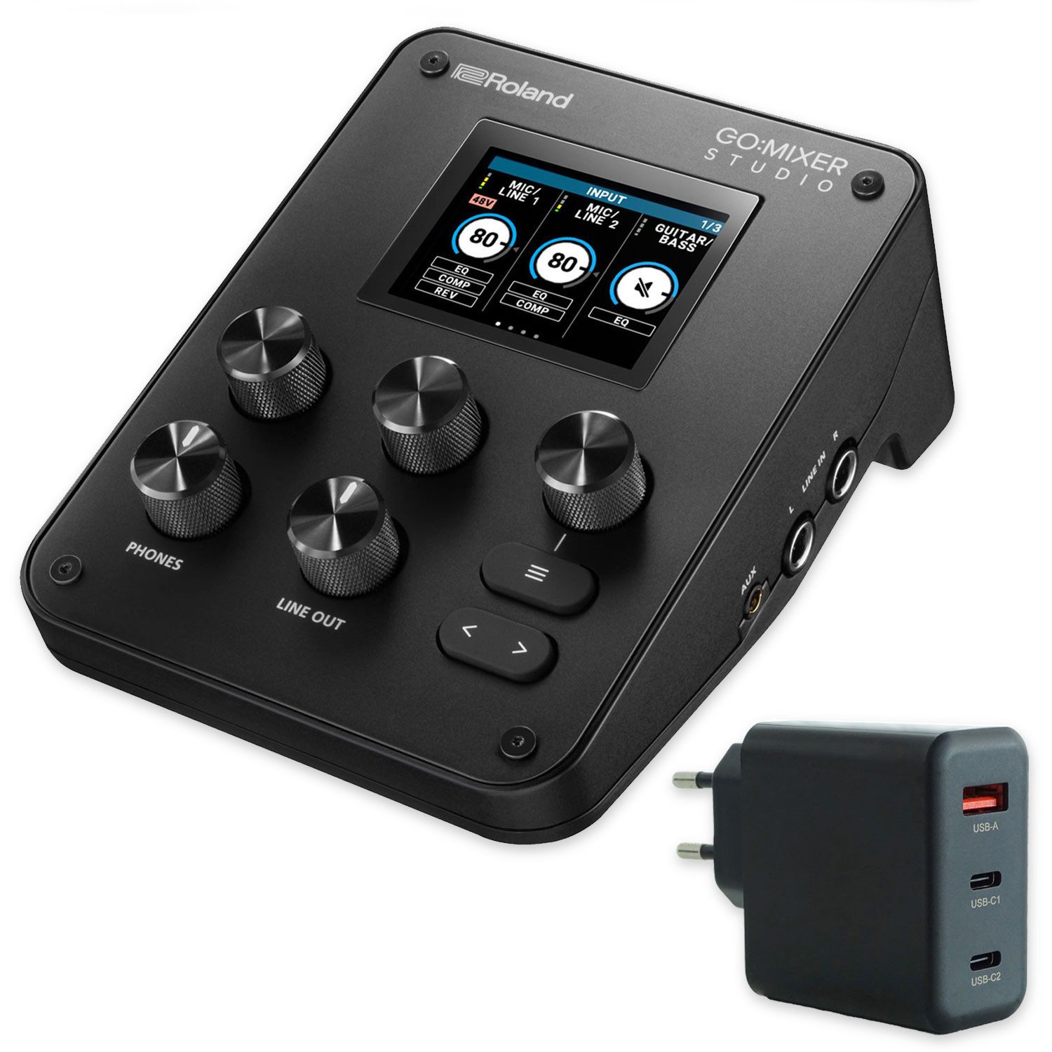 Roland Audio Roland Interface GO:Mixer Studio Audio-Mixer mit Netzteil Digitales Aufnahmegerät (Vorteils-Set mit Netzteil)