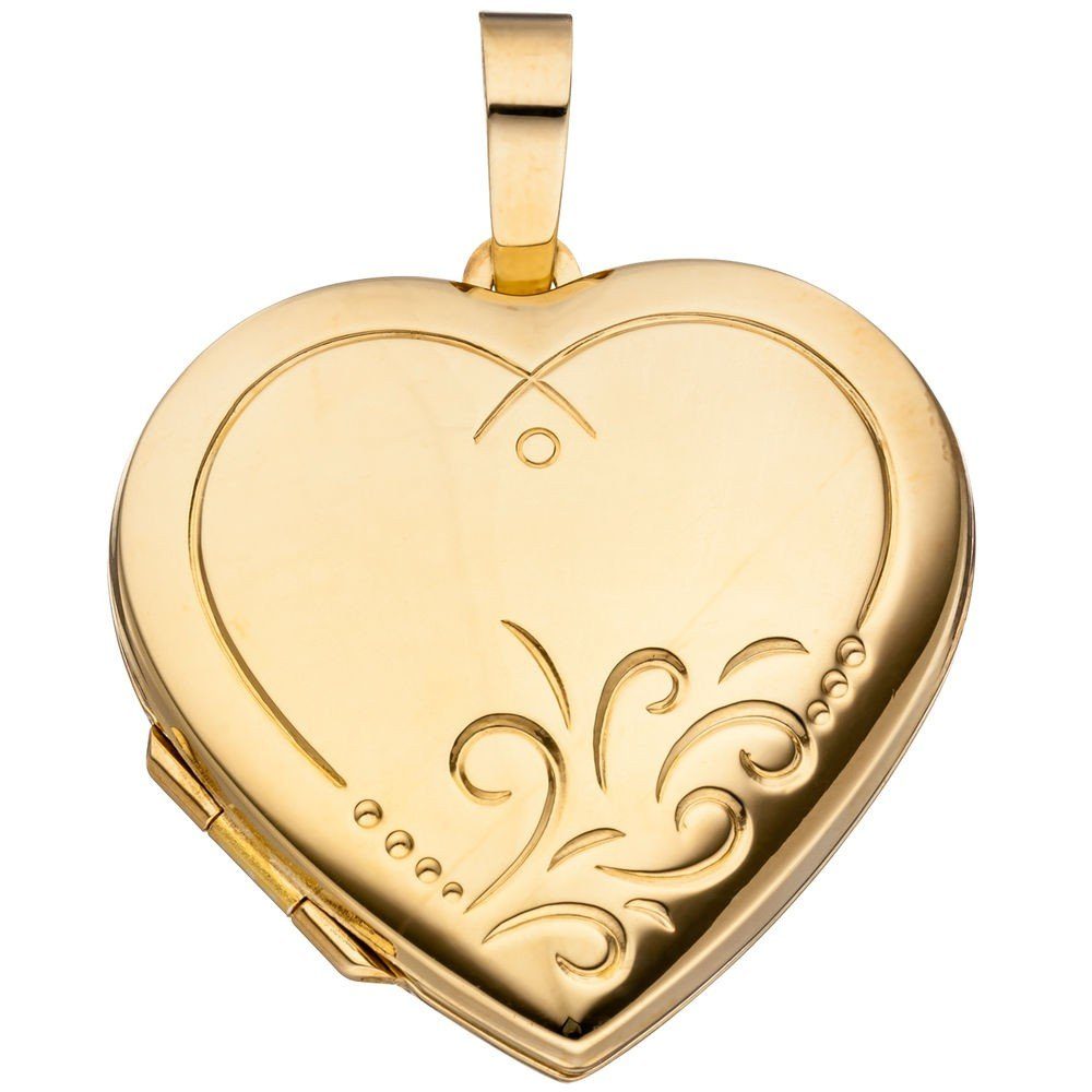 Schmuck Krone Kettenanhänger Medaillon Anhänger Herz aus 925 Silber vergoldet zum Öffnen mit Muster, Silber 925