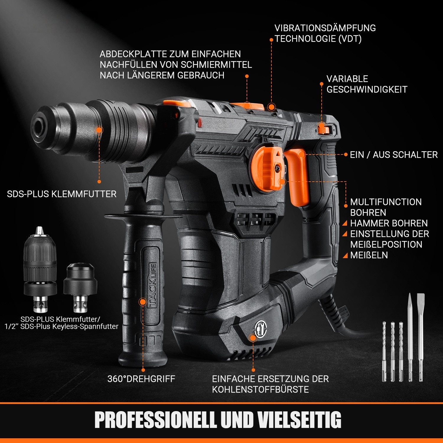 DOVAMAN Bohrhammer SDS-Plus, 4 in 1 Funktionen, 1500W/7J, SDS-Plus Adapter, günstig online kaufen