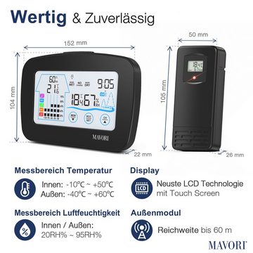 MAVORI Wetterstation Funk mit Außensensor – Hygrometer mit Thermometer Funkwetterstation (Funk Wetterstation Innen und Außensensor - mit integrierter Funkuhr)