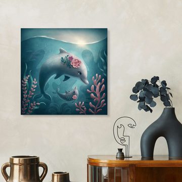 Posterlounge Alu-Dibond-Druck Elena Schweitzer, Mutter und Baby Delphin, Mädchenzimmer Illustration