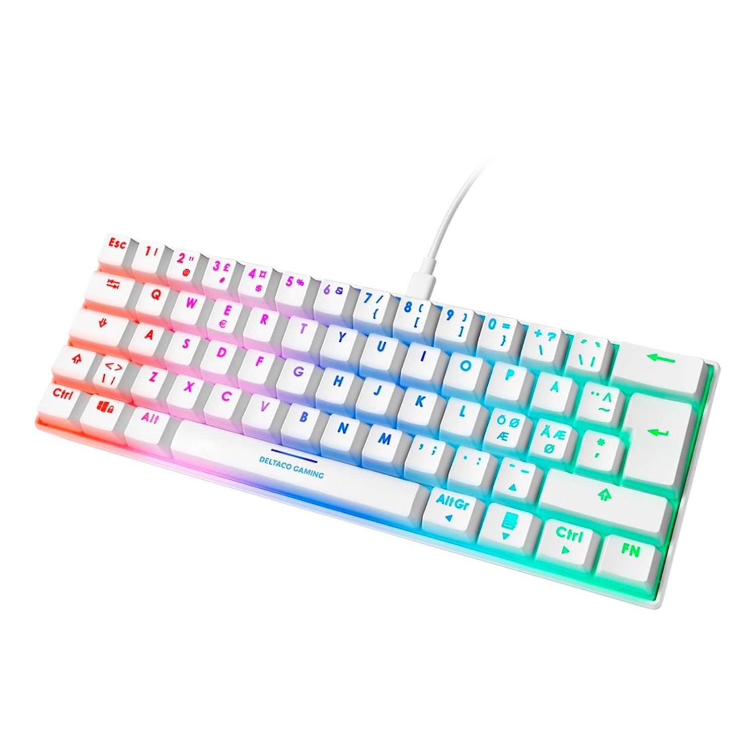 DELTACO Mechanische Mini Gaming Tastatur Beleuchtung Anti-Ghosting 100% LED N-Key-Rollover, 62 Gaming-Tastatur RGB Farbe Tasten weiß) (RGB-LED-Beleuchtung