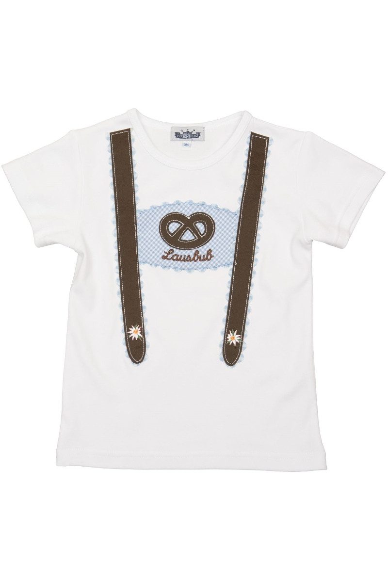 P.Eisenherz Trachtenkleid Baby T-Shirt - LAUSBUB/HOSENTRÄGER - weiß/hellblau