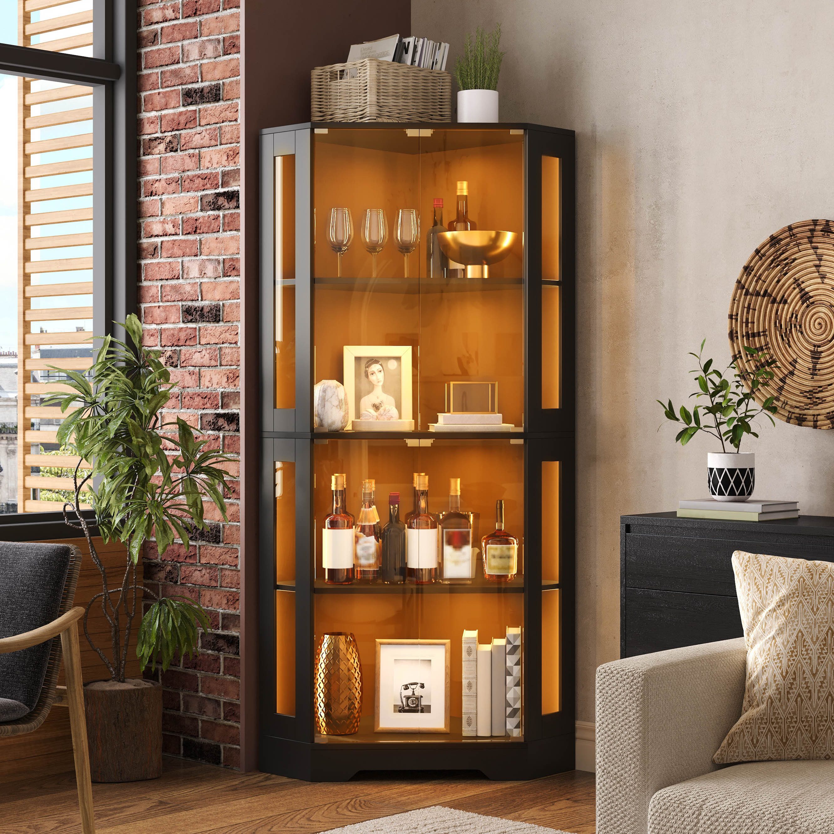 Flieks Glasvitrine Eckschrank Hochschrank mit LED-Beleuchtung, 4 Ebenen, Glastüren (56x36,5x165 cm, 1-St., Wohnzimmerschrank Küchenschrank) multifunktional Eckvitrine mit verstellbarer Ablagen Mehrzweckschrank