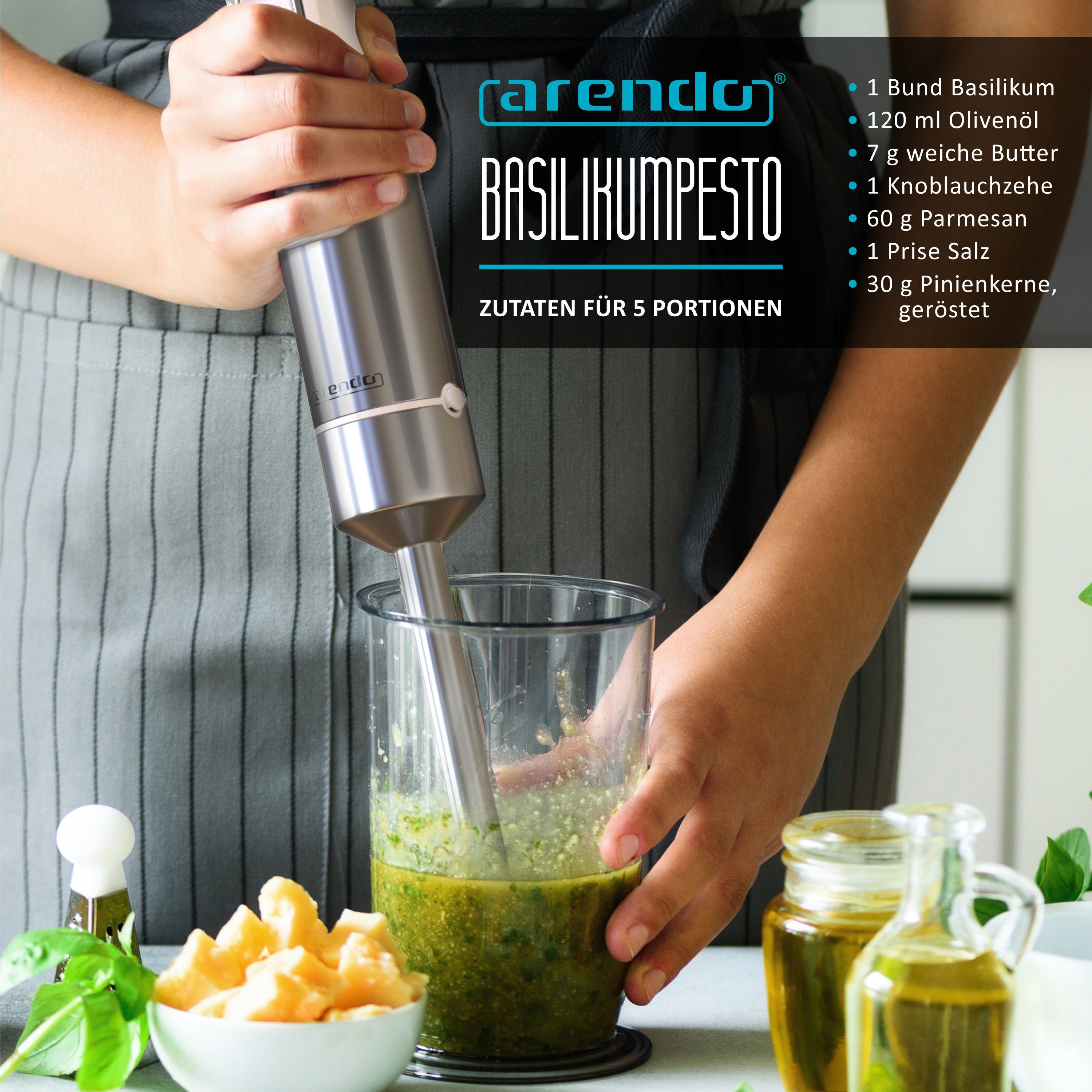 Arendo Stabmixer Edelstahl Pürierstab Set mit Zerkleinerer und Messbecher, Handmixer, 1000 W, 2 Geschwindigkeitsstufen, 4-Klingen, einfache Reinigung, DC Motor – Bild 5 von 5
