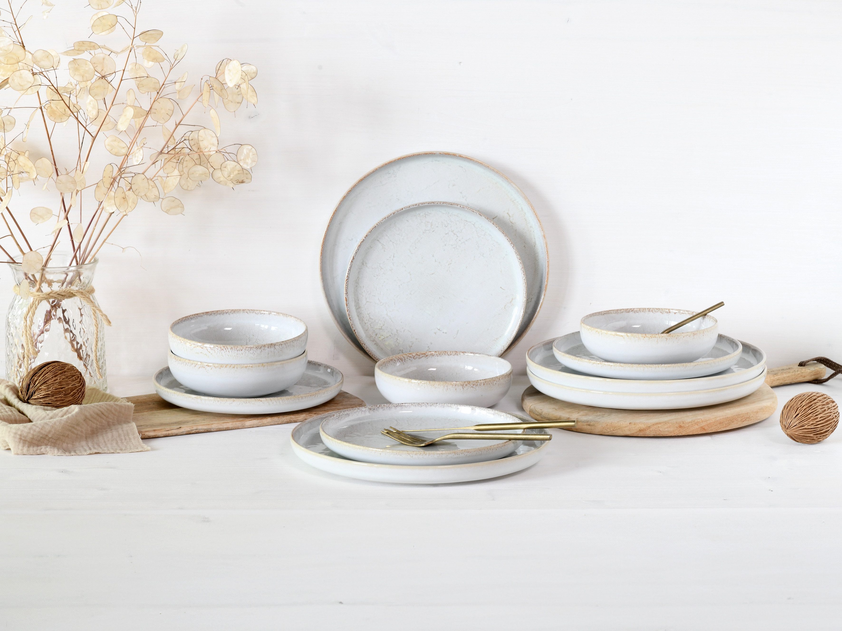CreaTable Teller-Set Uno Vintage Offwhite, Teller Set 12-tlg (12-tlg), 4 Personen, Steinzeug, Shabby Look, Vintage Style