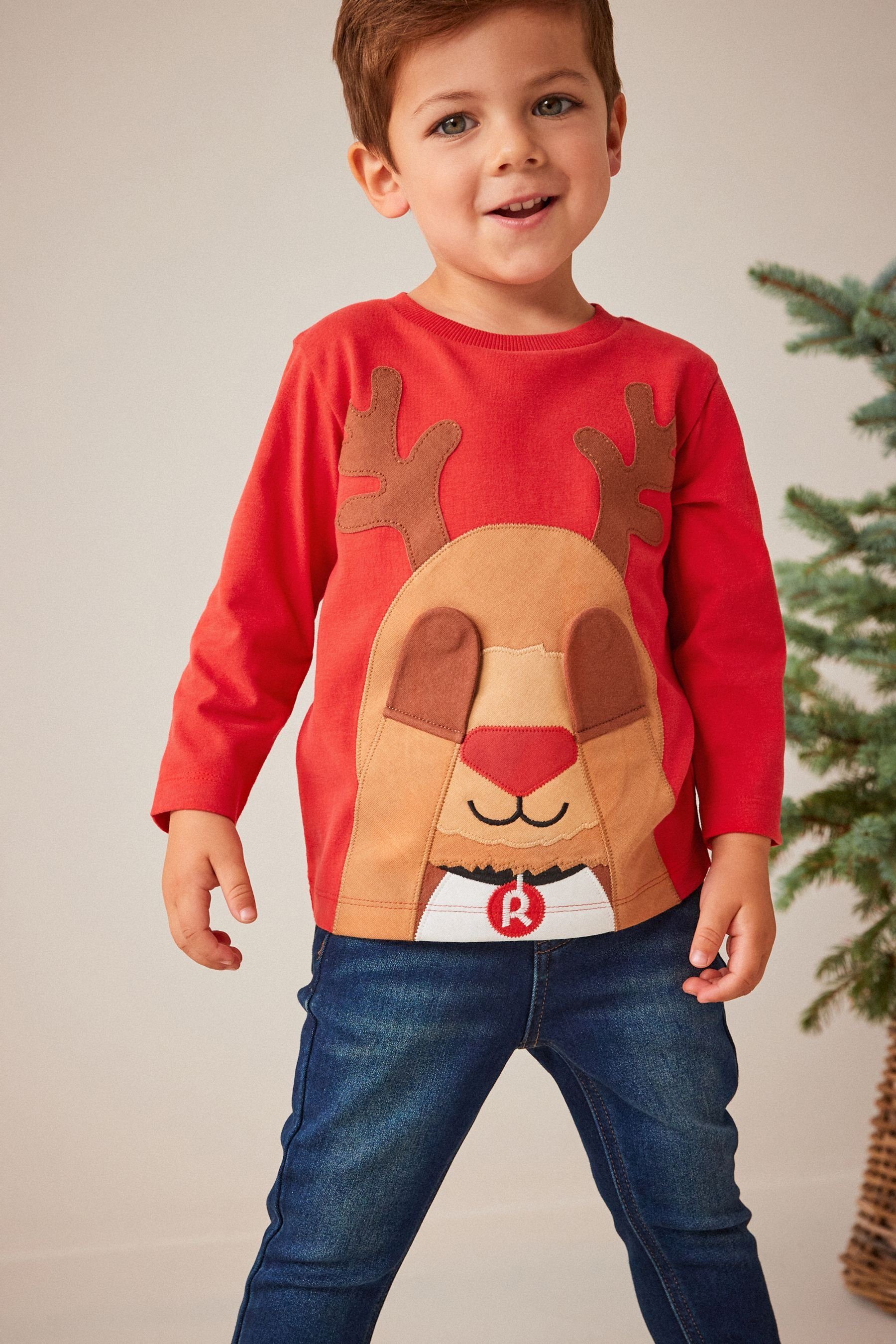Next Langarmshirt Langärmeliges Weihnachtsshirt Reindeer (1-tlg) Red