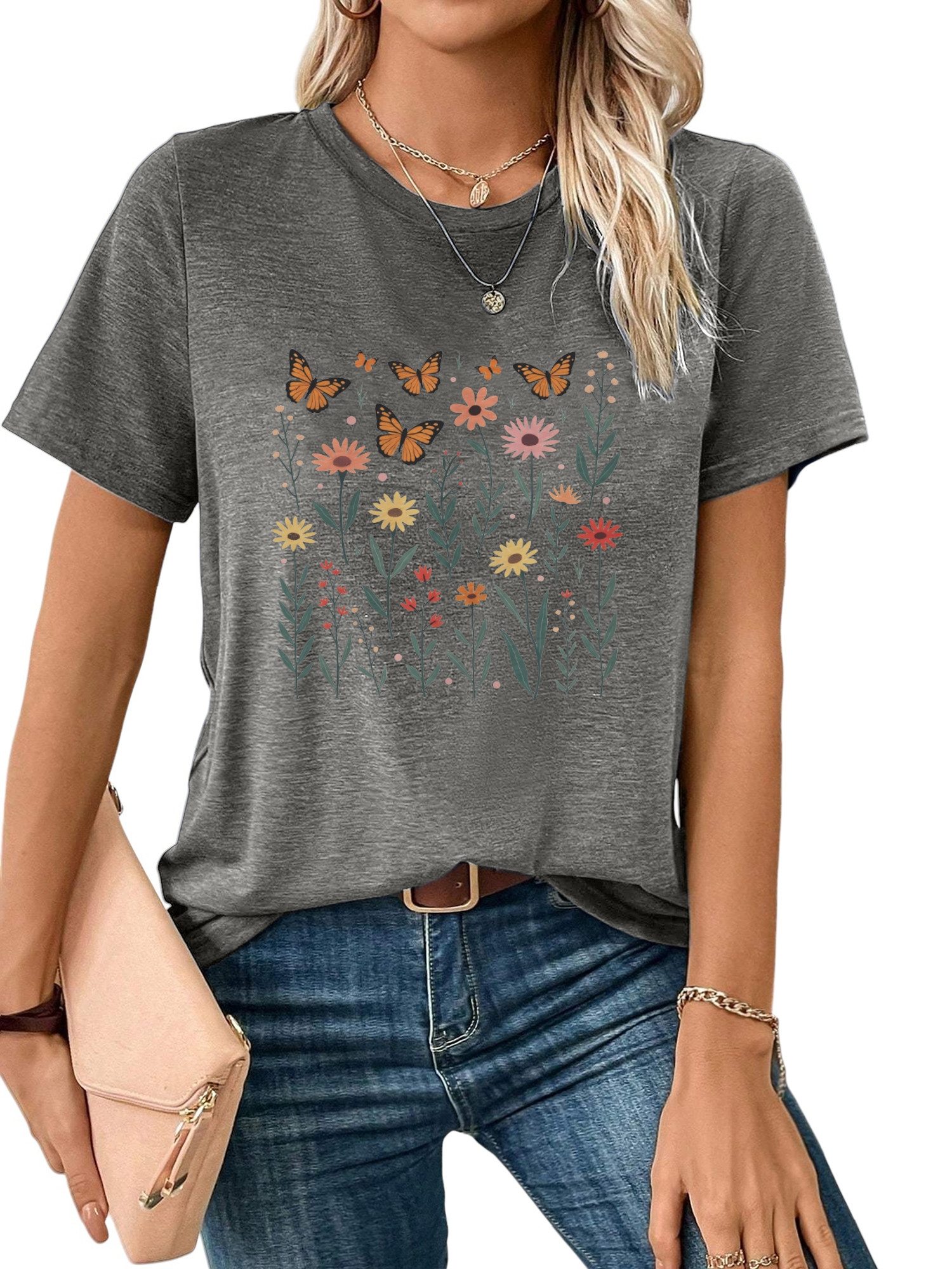 PYLIKE Kurzarmbluse Damen Sommer Casual bequemes T-Shirt mit Schmetterling Print Shirts