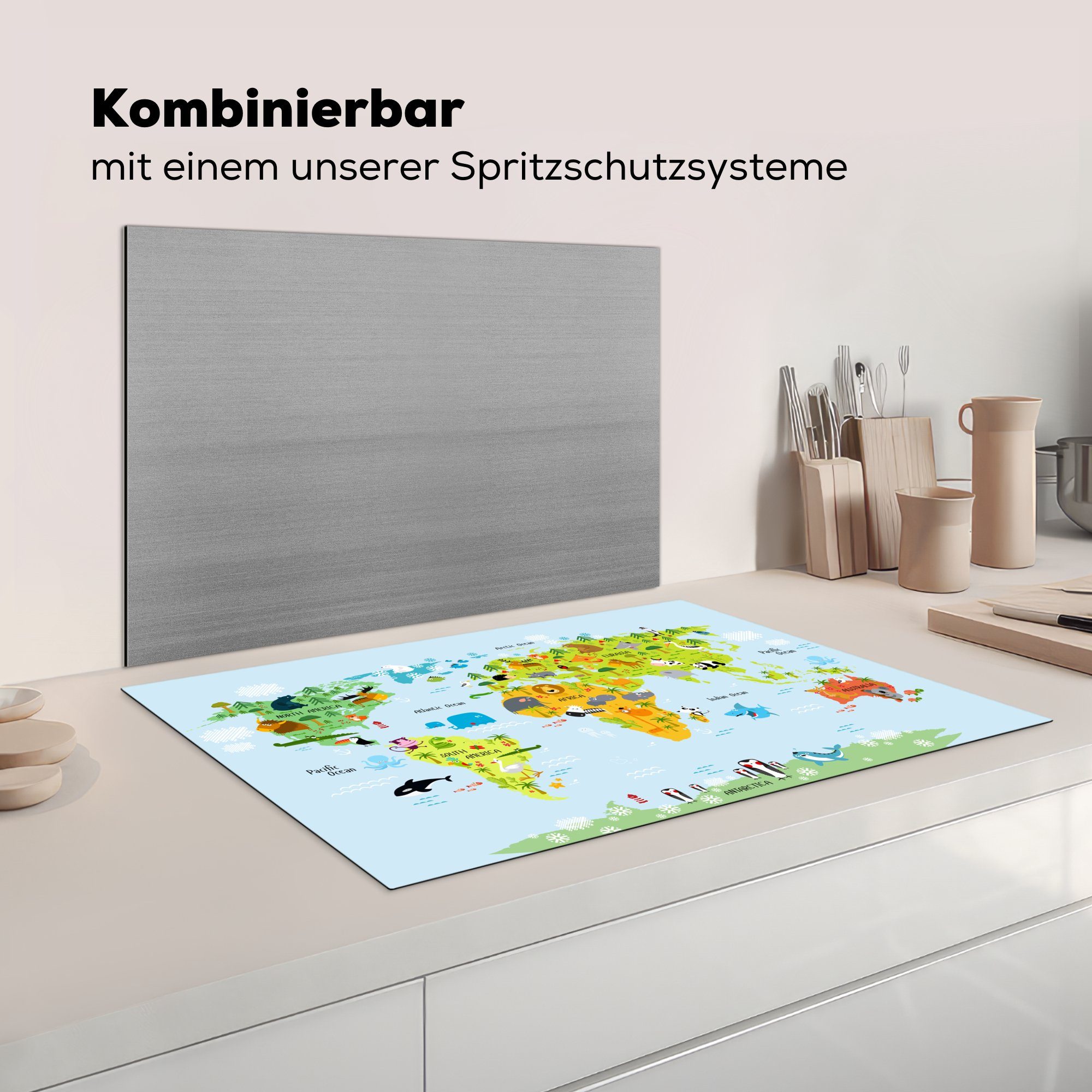 Herdblende-/Abdeckplatte Mädchen, 81x52 Arbeitsplatte Vinyl, Tiere (1 - tlg), für Weltkarte cm, Ceranfeldabdeckung, - - Kinder - küche Jungen MuchoWow Natur -