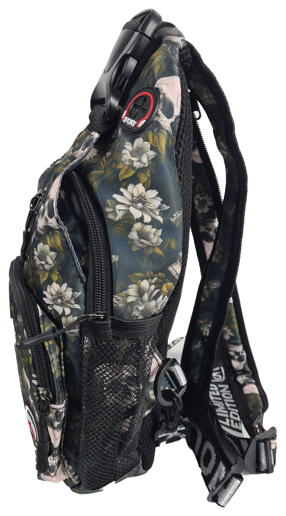 Einkaufszauber Freizeitrucksack Designer Daypack Skull Totenkopf Rucksack -, Totenköpfe zwischen Blumen