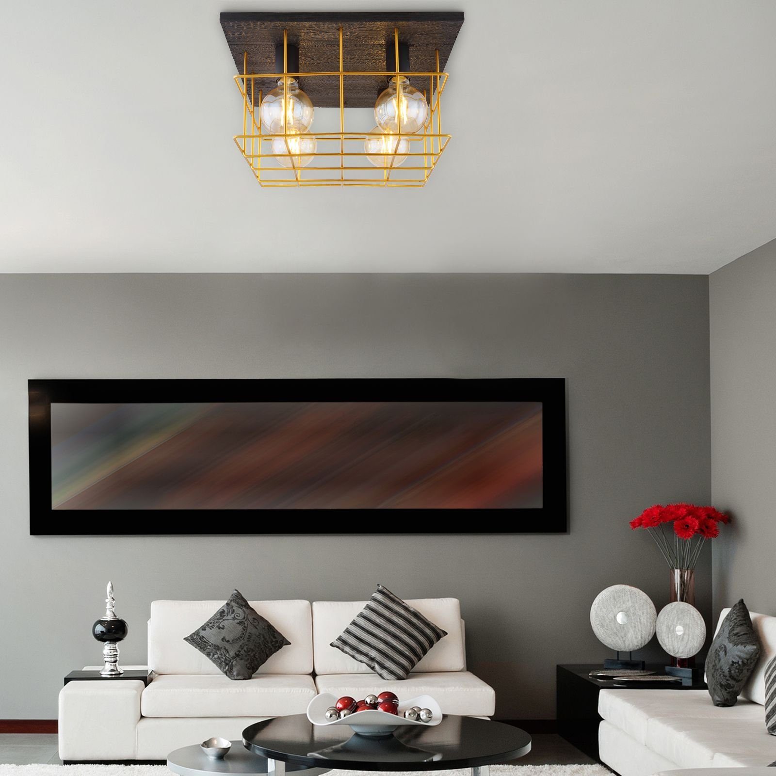 Deckenleuchte Industrie Globo Deckenlampe Wohnzimmer Deckenleuchte GLOBO Gitter Holz