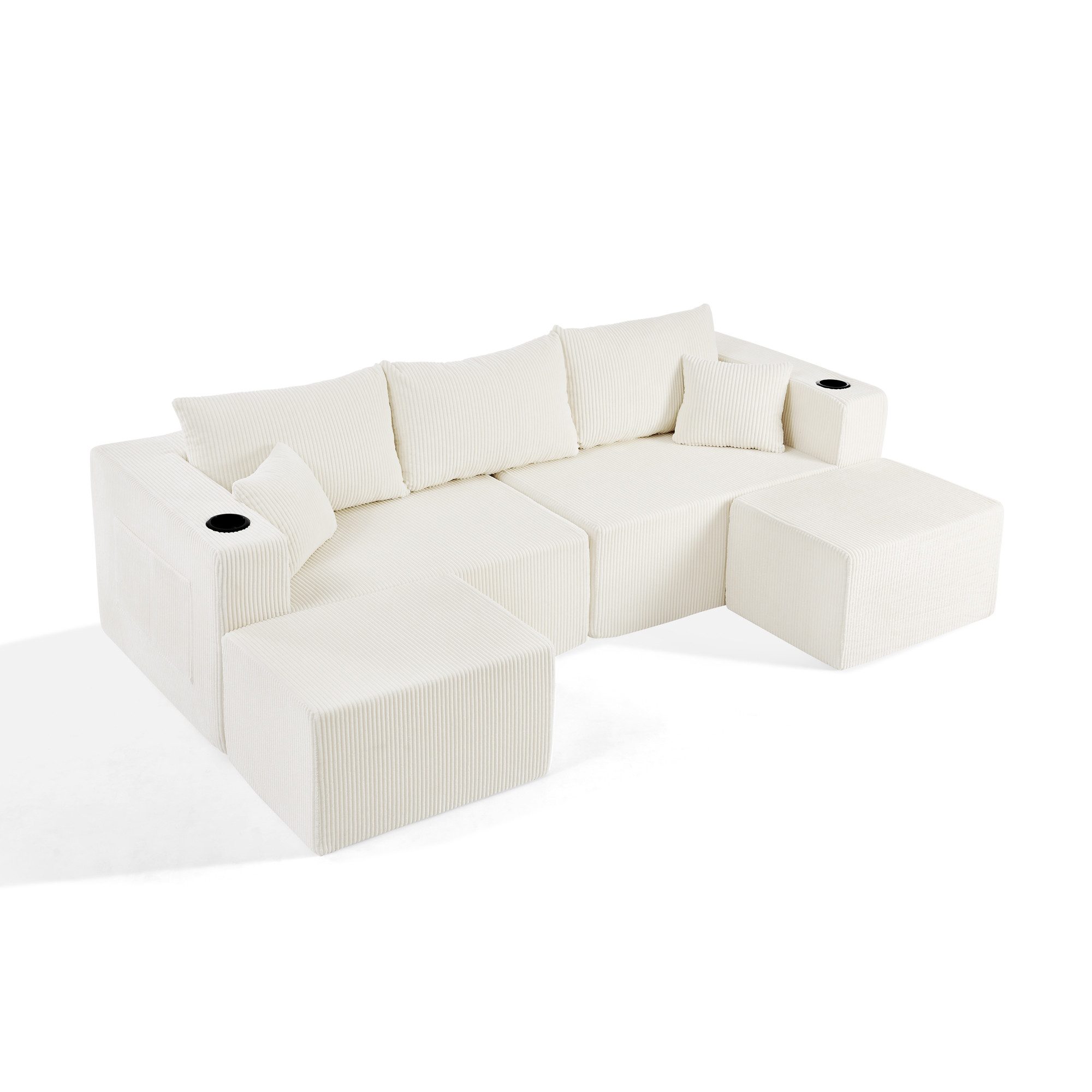 REDOM Ecksofa 3-Sitzer mit Getränkehalter & Seitentasche, Inkl. Kissen, flexibel für Wohnzimmer & Mietwohnungen 1 Teile, Beiges Cord-Ecksofa mit beweglichen Modulen