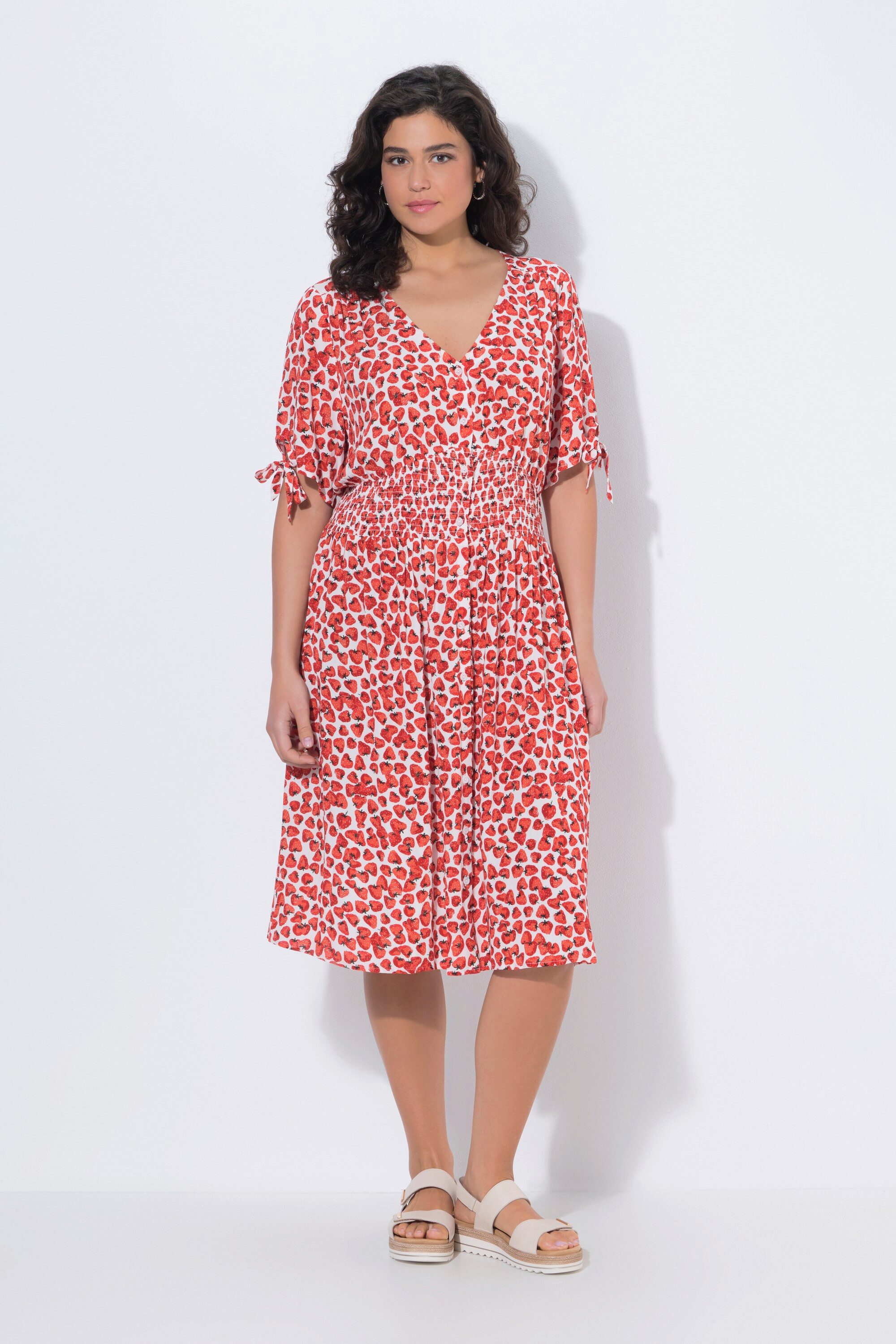 Ulla Popken Jerseykleid Midikleid Erdbeeren A-Linie V-Ausschnitt Halbarm günstig online kaufen