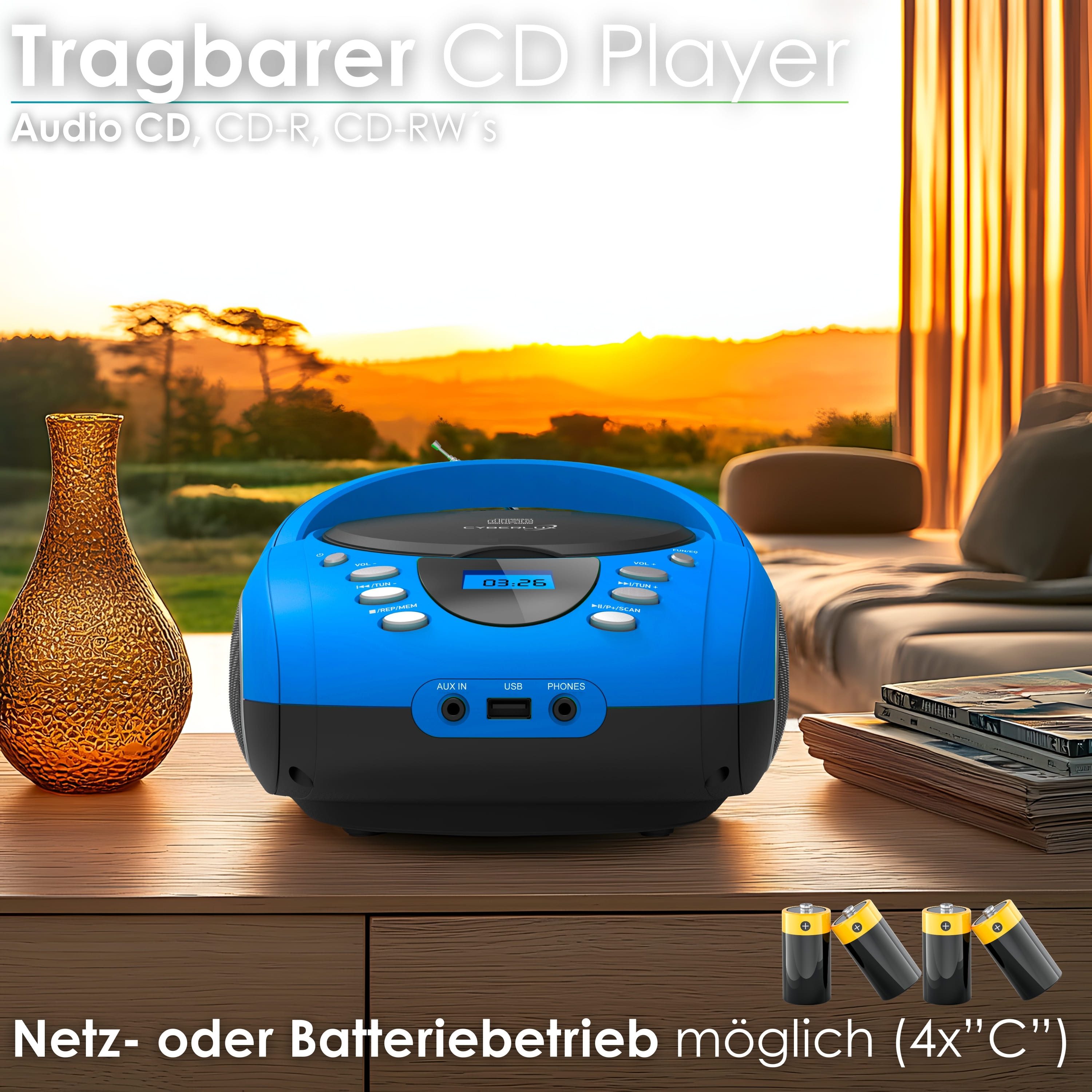 Cyberlux CL-710 tragbarer CD-Player (CD, Kinder CD Player tragbar, Boombox, Musikbox, FM Radio mit MP3 USB)