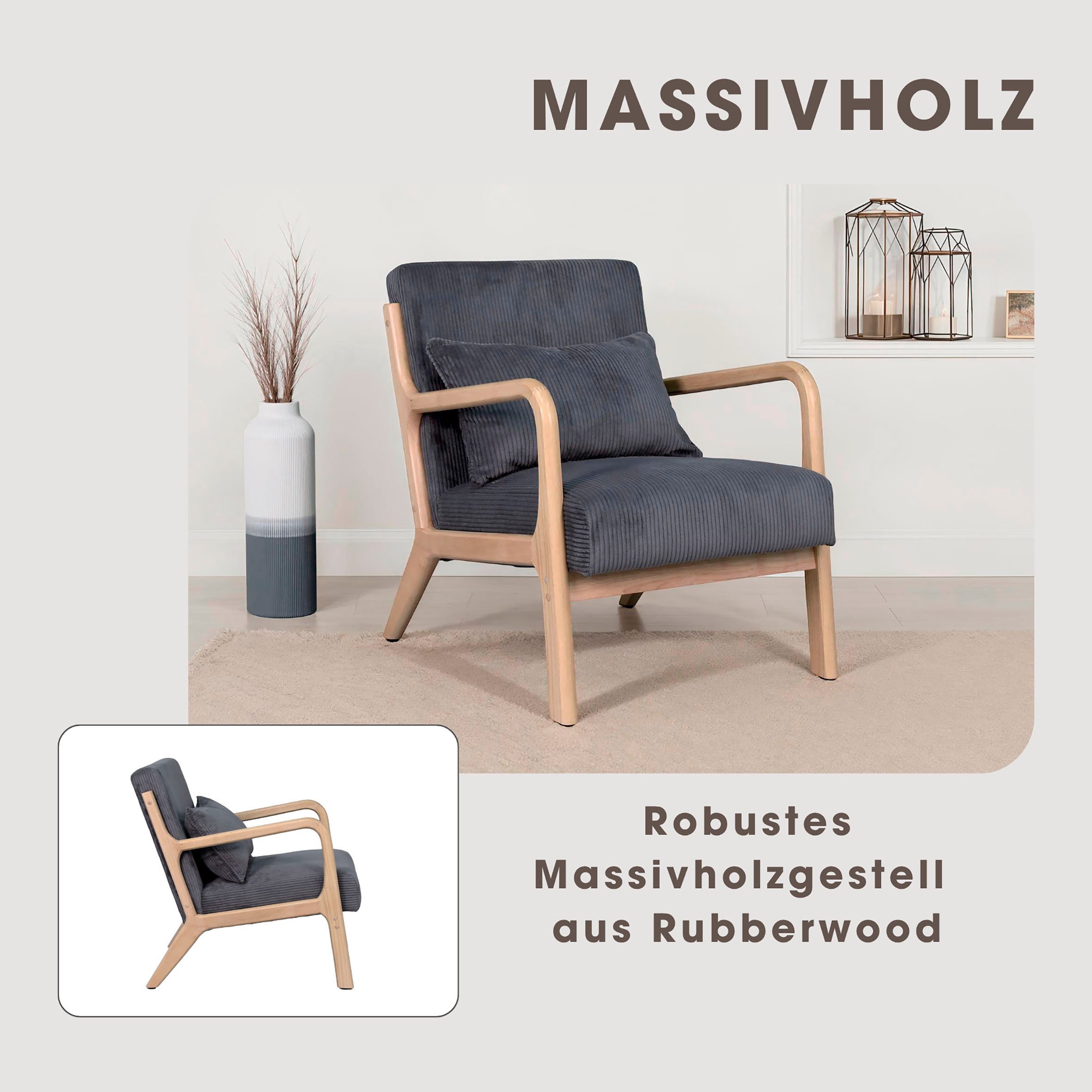 byLIVING Sessel NOHR, Grob-Cord, Gestell Massivholz Rubberwood, Separates Zierkissen