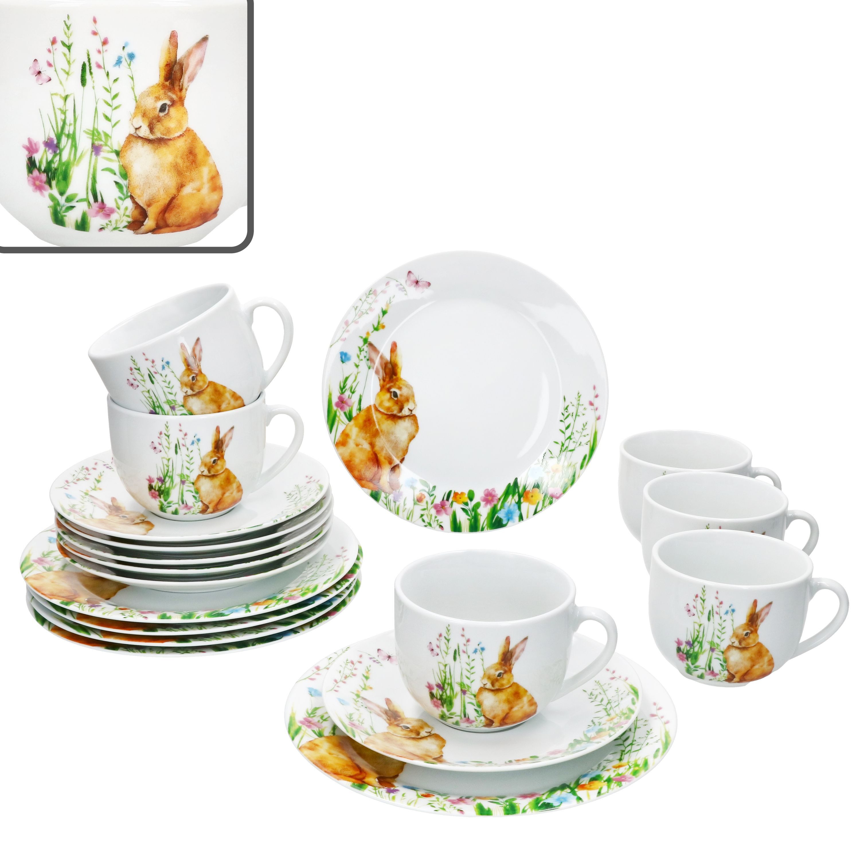 MamboCat Kaffeeservice 18tlg Kaffeeservice Osterfreude Porzellan 6 Personen Hase, Porzellan