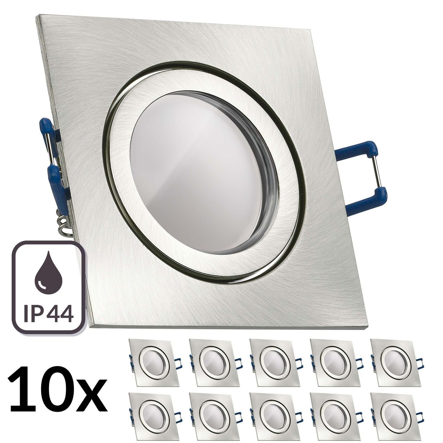 LEDANDO LED Einbaustrahler 10er IP44 LED Einbaustrahler Set Silber gebürstet mit LED GU10 Markens