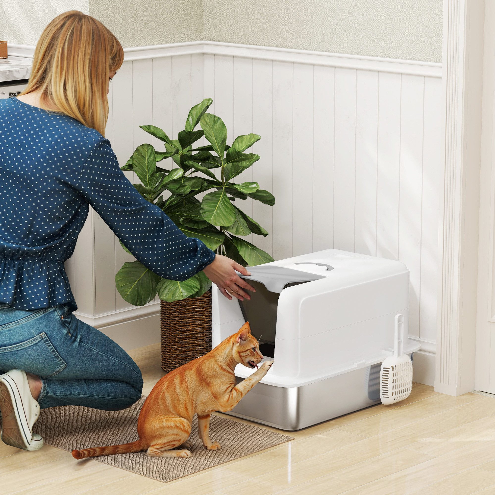 PawHut Katzentoilette Katzenklo Edelstahl XXL mit Deckel mit Wanne, für große Katzen, für Katzen bis 6 kg, Weiß