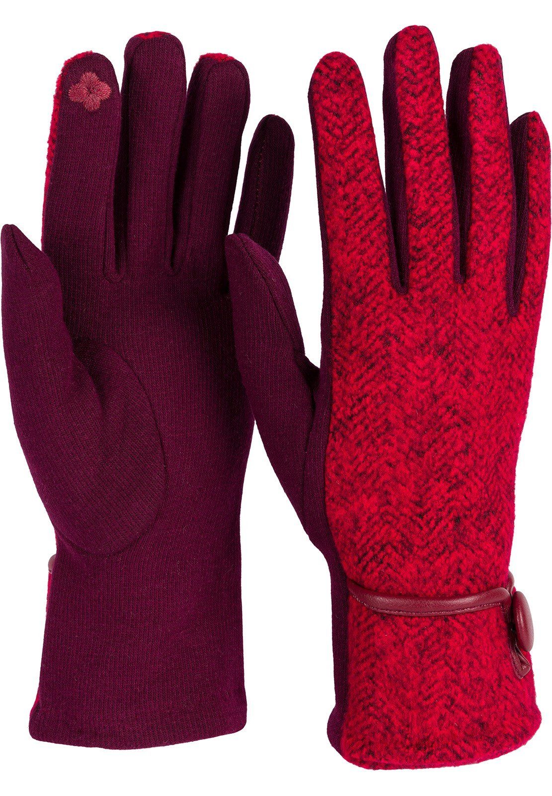 styleBREAKER Fleecehandschuhe Touchscreen Handschuhe Fischgrät Muster Bordeaux-Rot