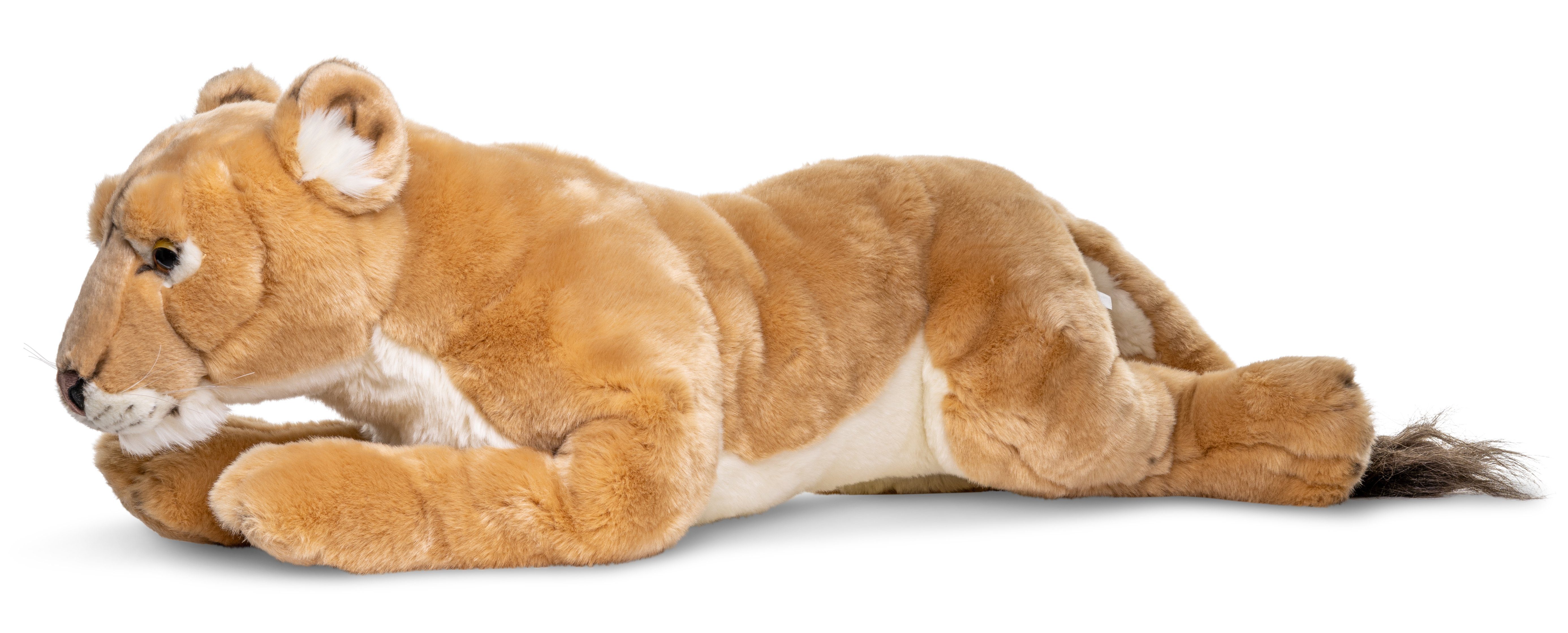 Uni-Toys Kuscheltier Löwin, liegend - 78 cm (Länge) - Plüsch-Wildtier, Löwe - Plüschtier, zu 100 % recyceltes Füllmaterial