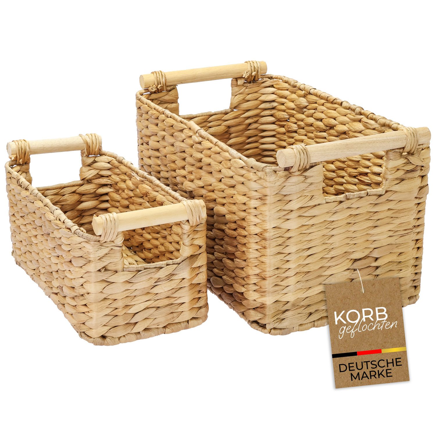 HMF Aufbewahrungskorb Aufbewahrungskorb geflochten aus Wasserhyazinthe, Korb mit (Set, 2 St., 2 Körbe, versch. Größen), mit Holzgriffen für Bad, Küche und Wohnbereich, 2er Set, 30 + 37 cm