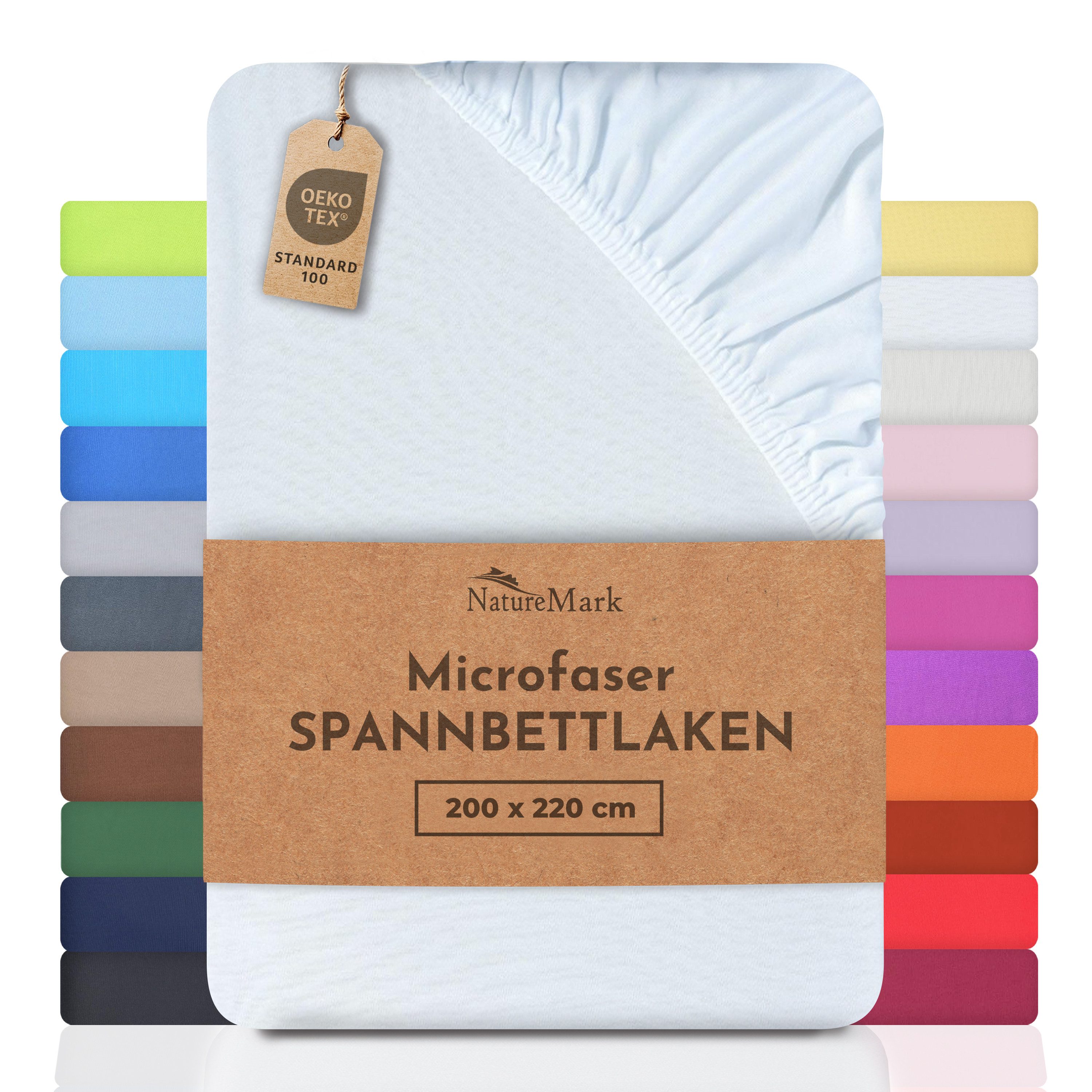 NatureMark Spannbettlaken Mikrofaser Spannbetttuch, Polyester, Gummizug: rundum, viele Größen und Farben Markenware, 200x220 cm, Weiß