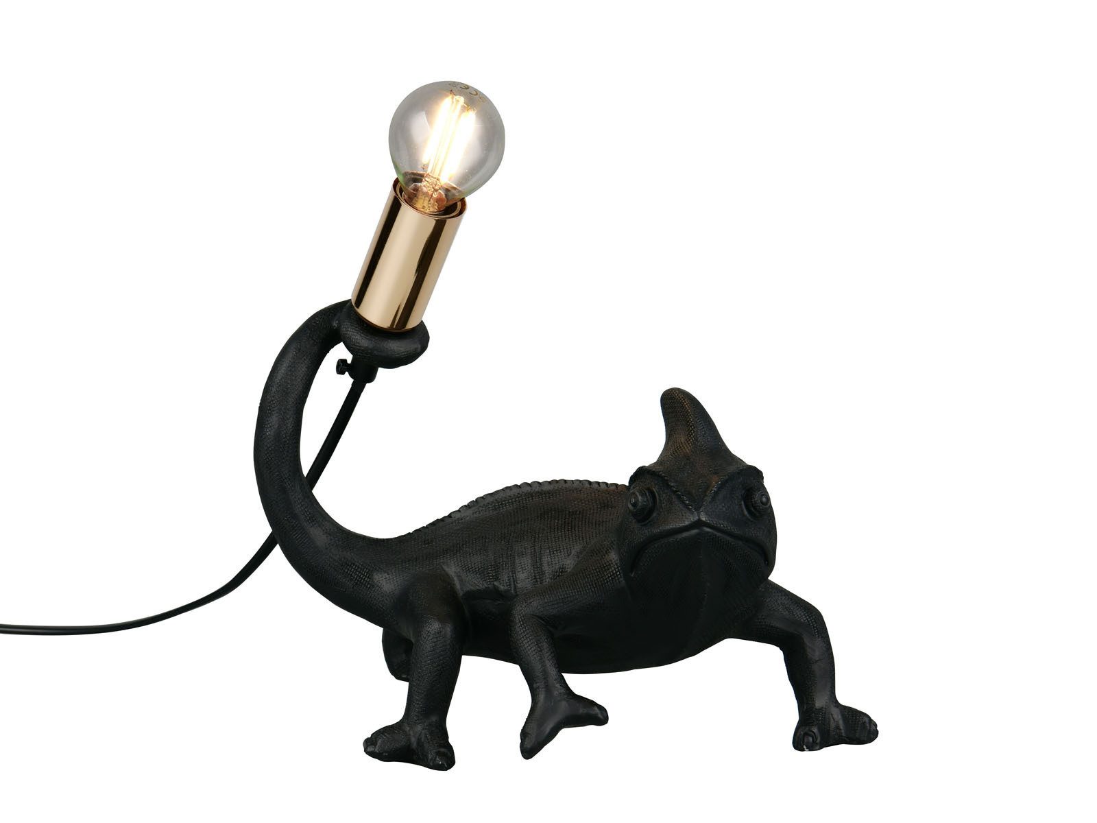 Reality Leuchten LED Nachttischlampe, Dimmfunktion, LED wechselbar, warmweiß, Ausgefallene Tischlampe besondere Tierlampe Chamäleon Schwarz, H: 22cm