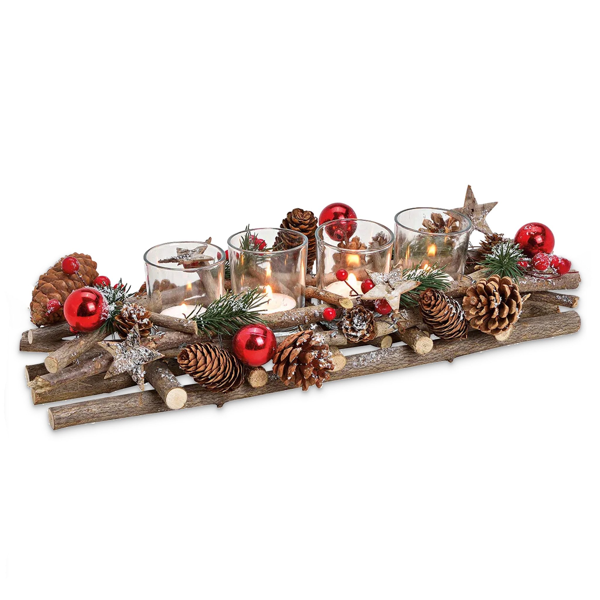 matches21 HOME & HOBBY Adventskranz Holz-Deko Adventsgesteck 40 cm Teelicht-Halter silber rot, Weihnachtsdeko Teelichthalter als längliche Tisch Kerzen-Deko