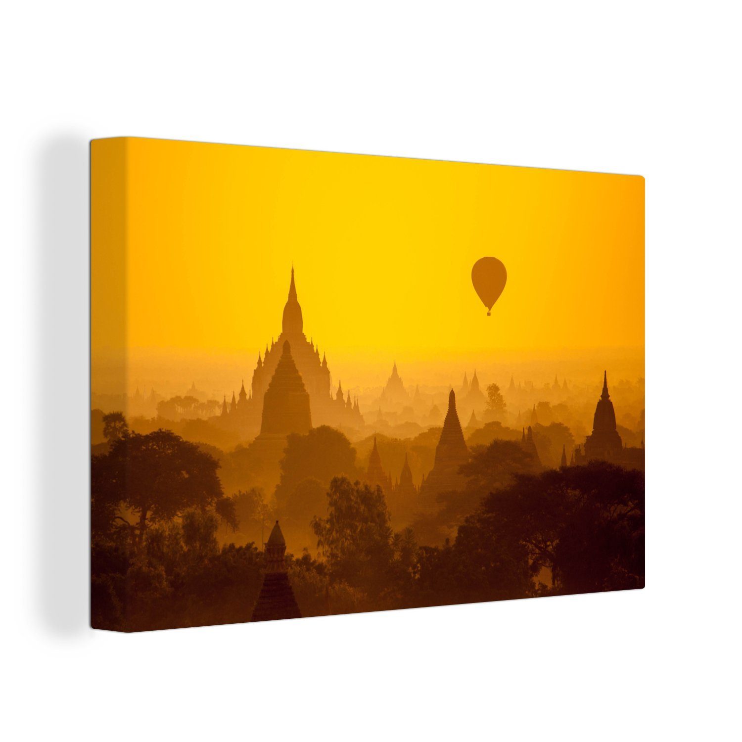 OneMillionCanvasses® Leinwandbild Oranger Sonnenuntergang in Bagan in Myanmar, (1 St), Wandbild Leinwandbilder, Aufhängefertig, Wanddeko, 30x20 cm