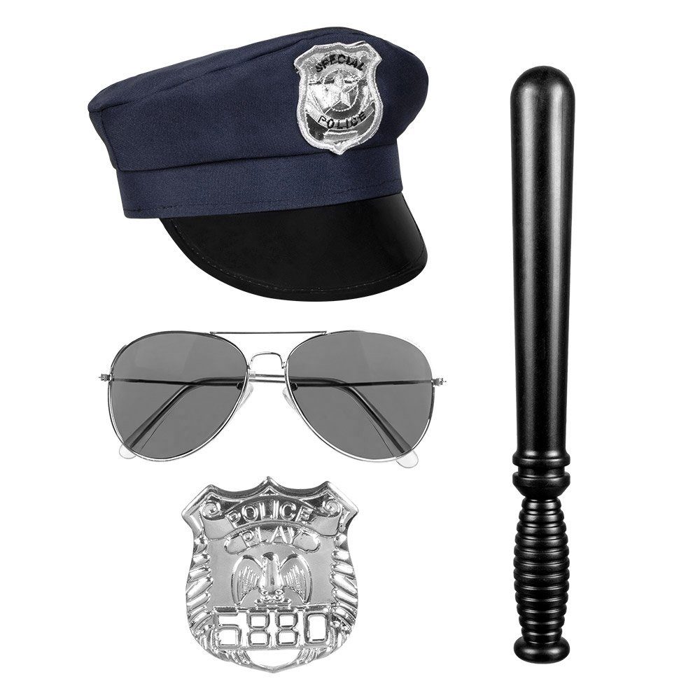 Boland Polizei-Kostüm US Cop Accessoire-Set, Mütze, Marke, Sonnenbrille und Gummiknüppel - fertig ist der US Poli