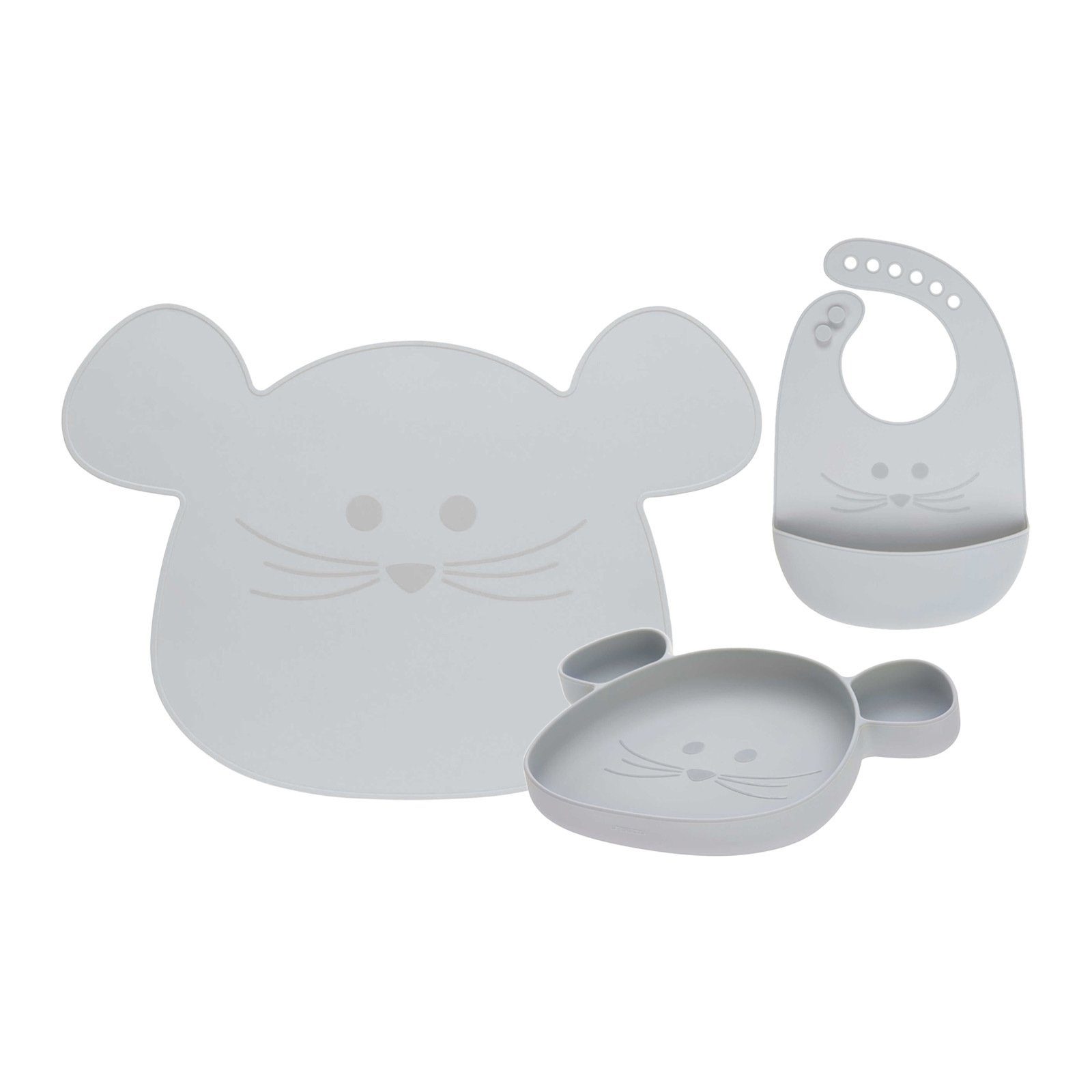 LÄSSIG Kindergeschirr-Set Little Chums Lätzchen Silikon Maus (3-tlg), Geschirrset mit Silikon grau