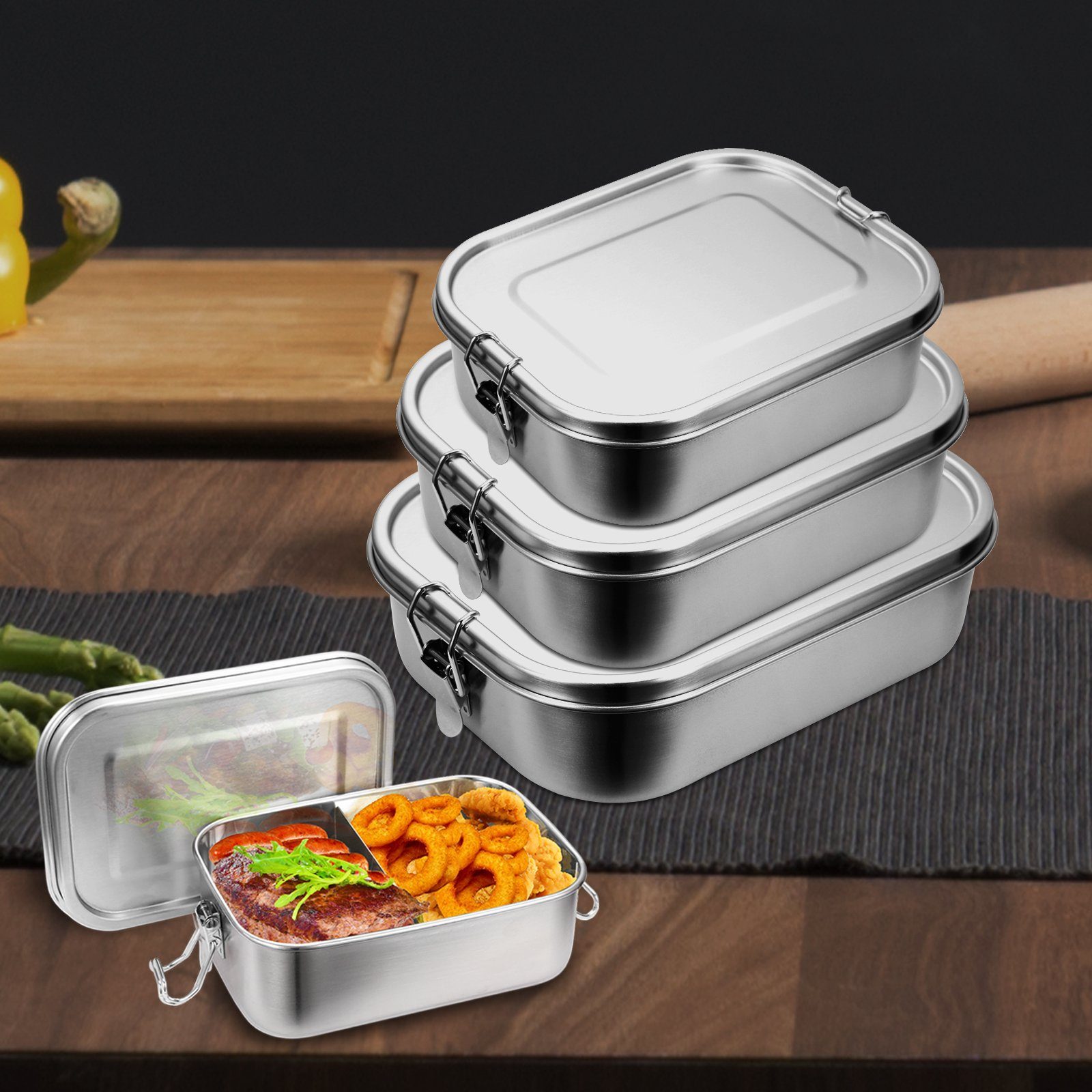 Gimisgu Lunchbox 800-1400ml Dicht Edelstahl edelstahl Brotdose Büro Lunchbox Silber 800+1200+1400ml Thermo