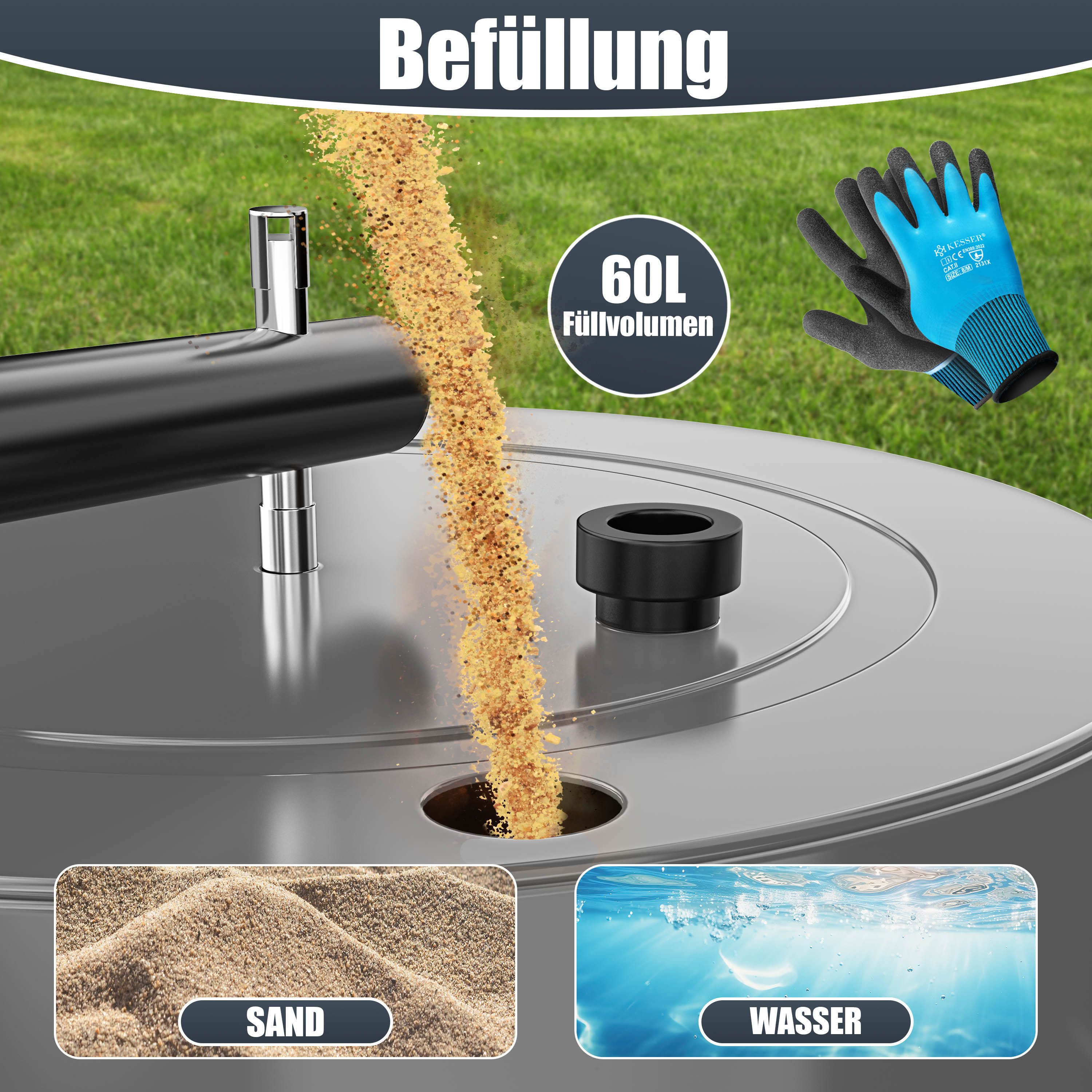 KESSER Rasenwalze Metall befüllbar mit Wasser oder Sand, Rasenroller inklusive Handschuhe,Gartenwalze mit 60 Liter Füllvolumen / 50 cm breit Handwalze