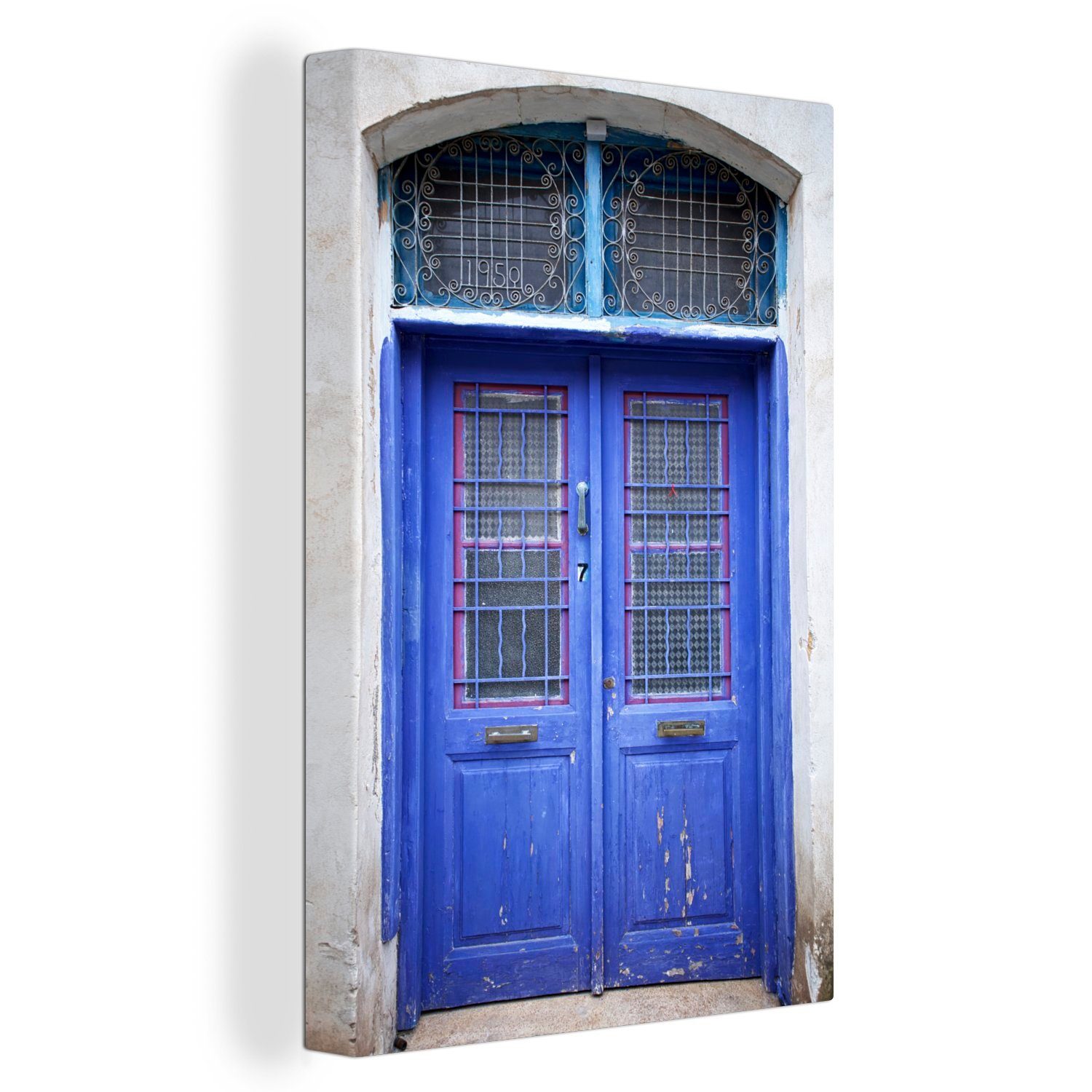 OneMillionCanvasses® Leinwandbild Blaue und baufällige Tür in Nikosia, (1 St), Leinwandbild fertig bespannt inkl. Zackenaufhänger, Gemälde, 20x30 cm