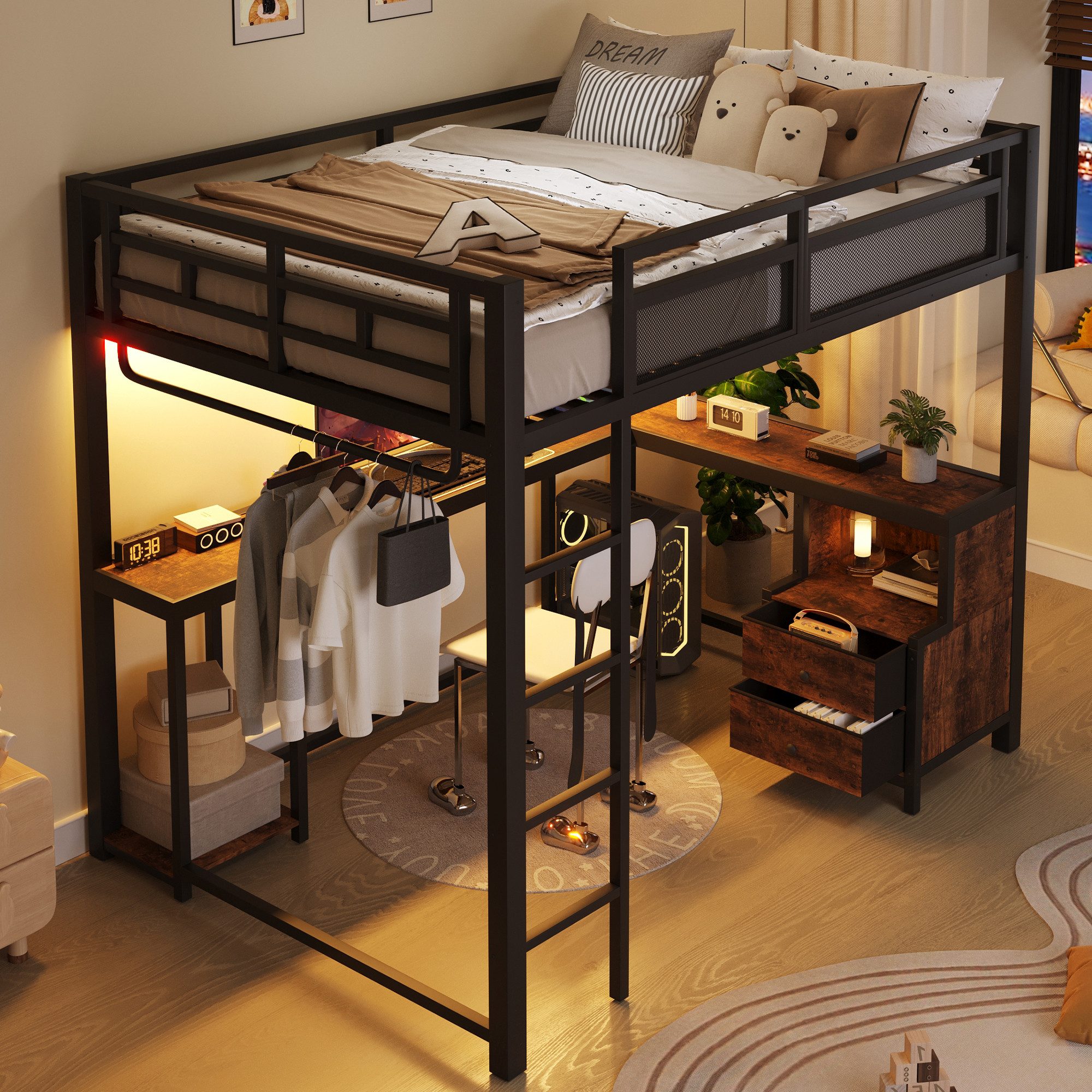 Merax Hochbett 140x200cm mit LED-Beleuchtung & USB-Ladestation (Jugendbett Loftbett, 1-St) Metallbett Kinderbett mit Schreibtisch, Ablagefächern & Kleiderstange – Bild 3 von 5