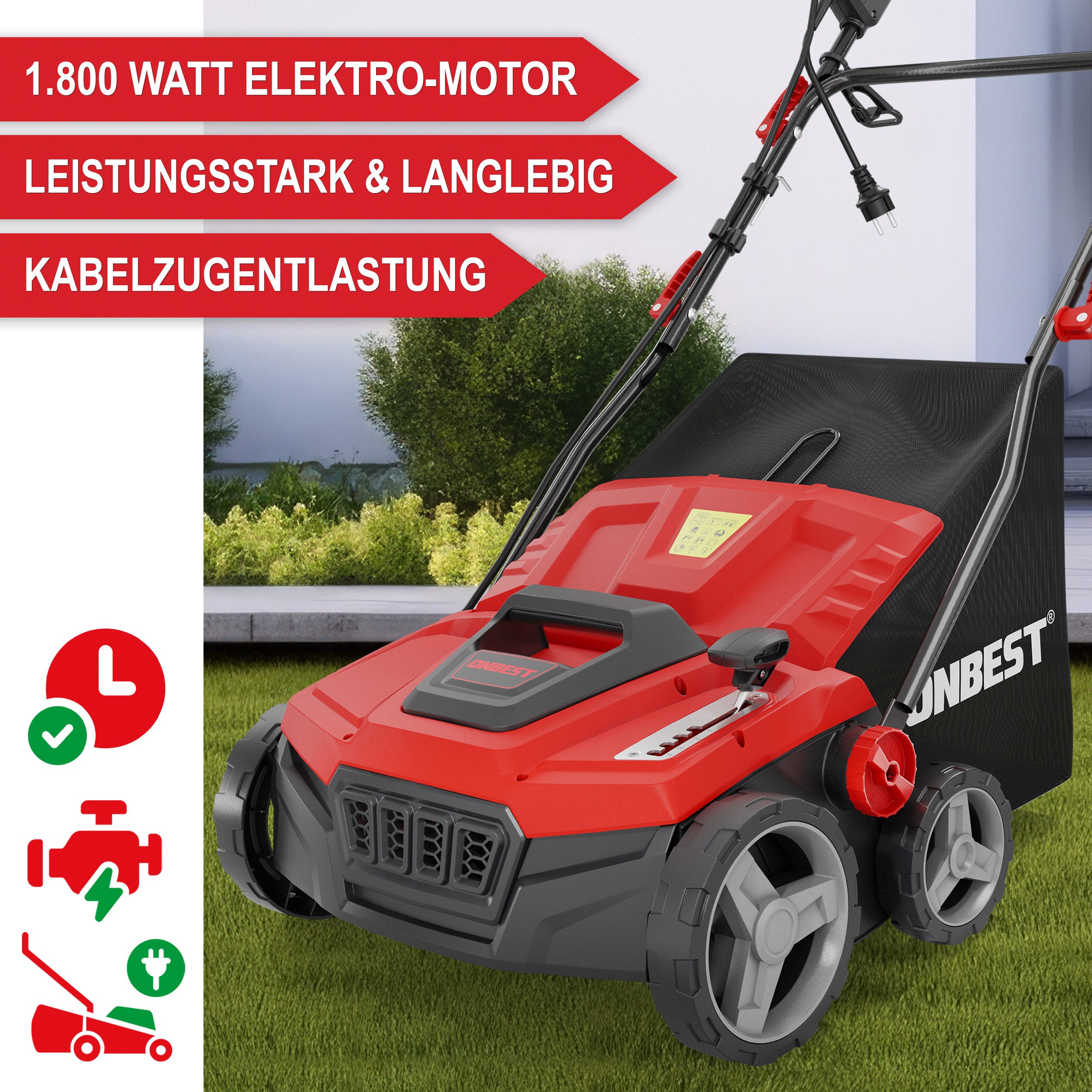 Onbest Elektro-Vertikutierer / Lüfter S1838 2in1 mit 1800 W, 38,00 cm Arbeitsbreite, (4-tlg), 45L Fangkorb, 24 Federkrallen, 16 Doppelmesser