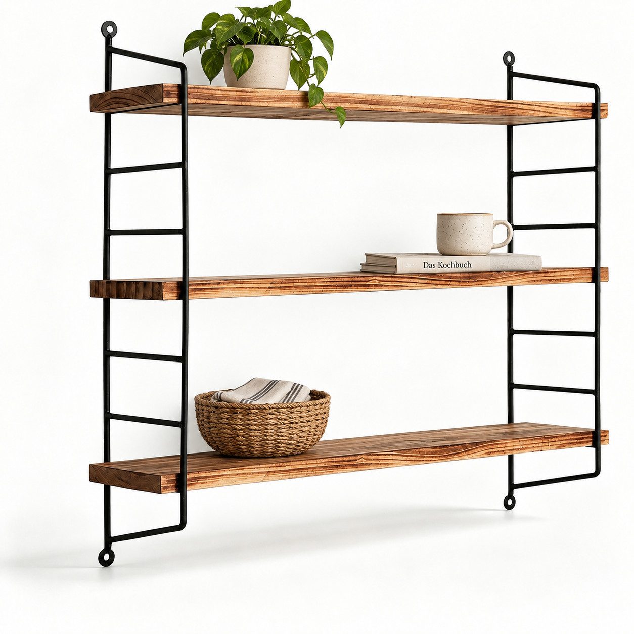 GLIESE POWER Wandregal 3-stufig – 57,8x22,5 cm, Stahl, stabil & stilvoll für Wohnzimmer, 17-tlg., Platzsparend, 5 kg Tragkraft, Massivholz & Metall – vielseitig.