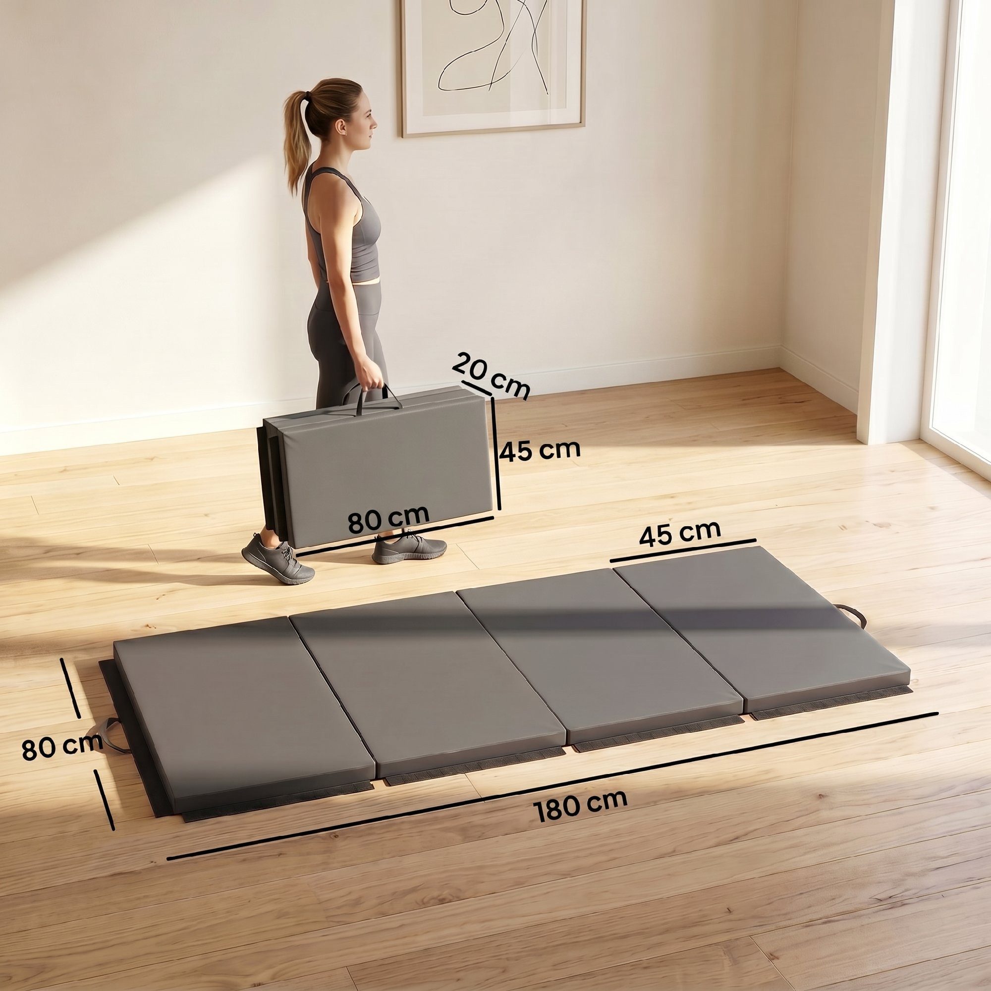 HOMCOM Gymnastikmatte mit Griffen (Fitnessmatte, 1-St., Trainingsmatte), Grau, 180 x 80 x 5 cm