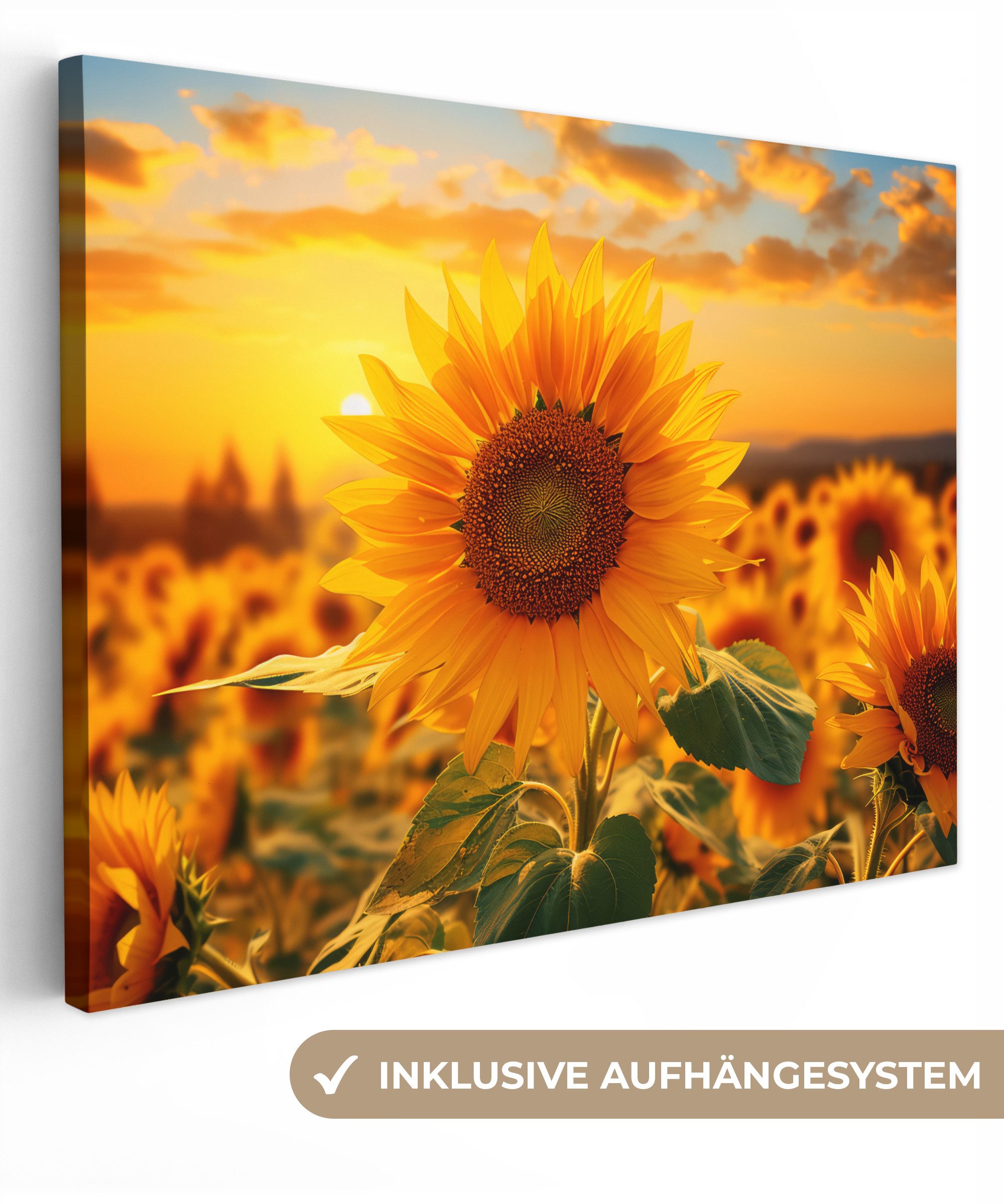 OneMillionCanvasses® Leinwandbild Sonnenblume - Blumen - Gelb - Blumenfeld mit Sonnenblumen, Fotodruck (1 St), Wandbild Leinwandbilder, Aufhängefertig, Wanddeko 40x30 cm