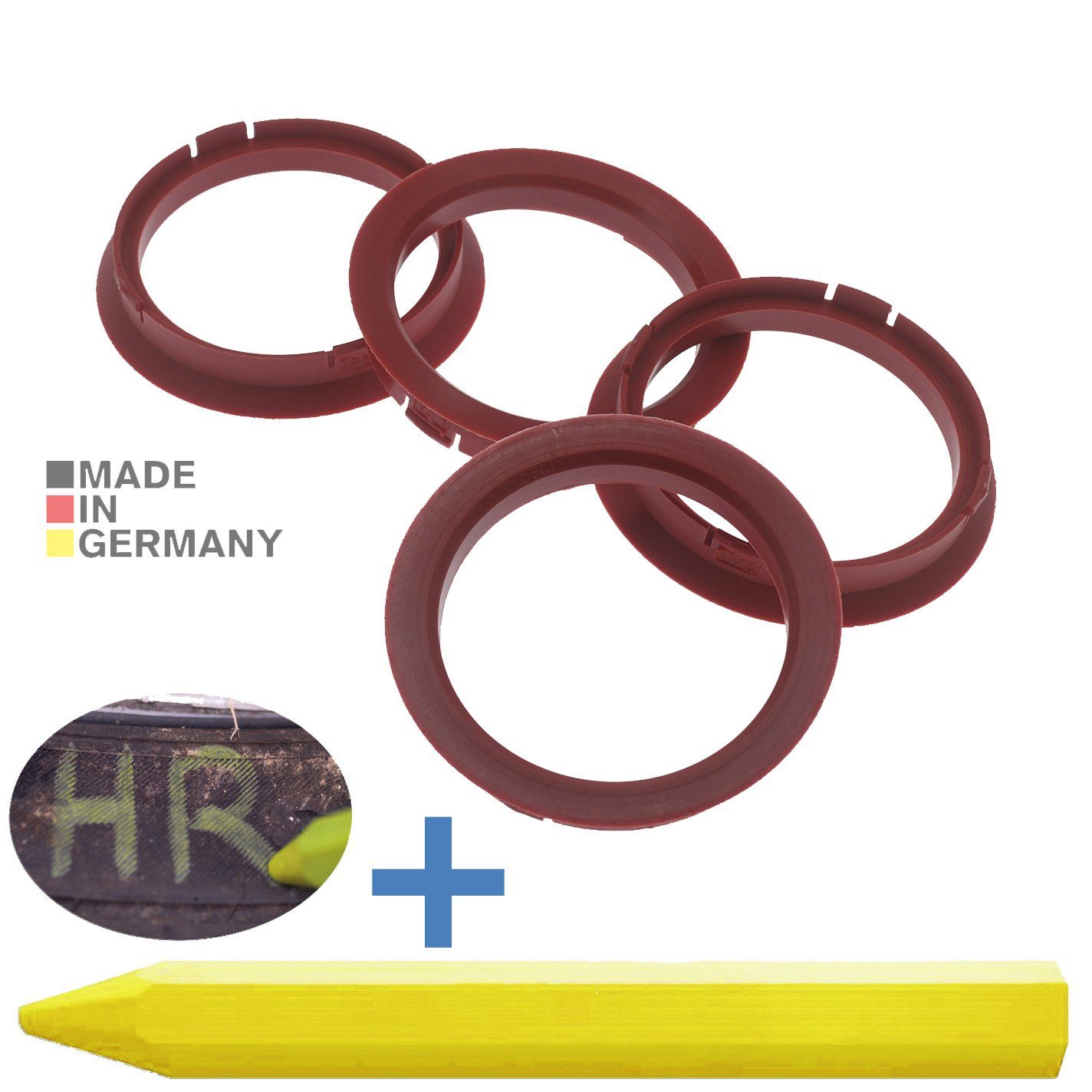 RKC Reifenstift 4X Zentrierringe Dunkelrot Felgen Ringe + 1x Reifen Kreide Fett Stift, Maße: 74,1 x 64,1 mm