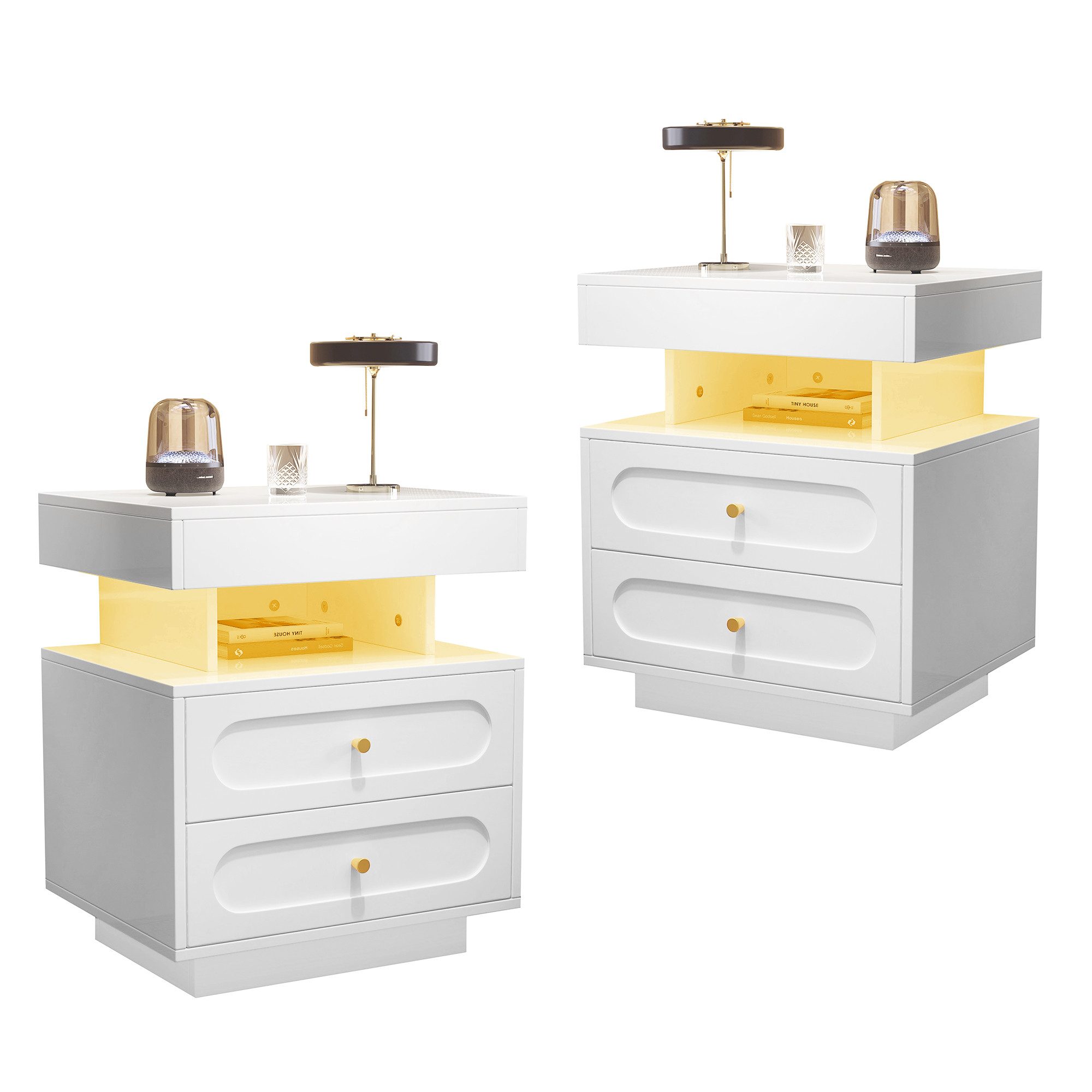 MODFU Nachttisch Nachtschrank mit LED-Beleuchtung (Nachtkommode mit 2 Schub günstig online kaufen